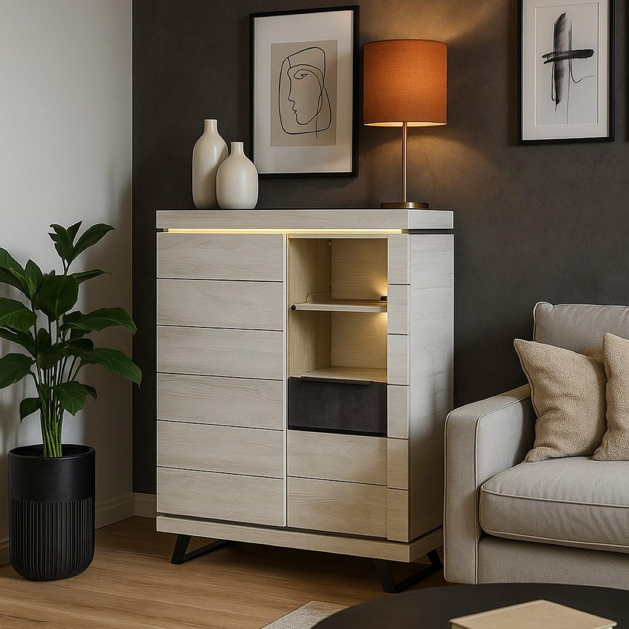 Voir la diapositive 2 : JLC KREATION Argentier-bar contemporain chêne blanchi + led 125cm gilda