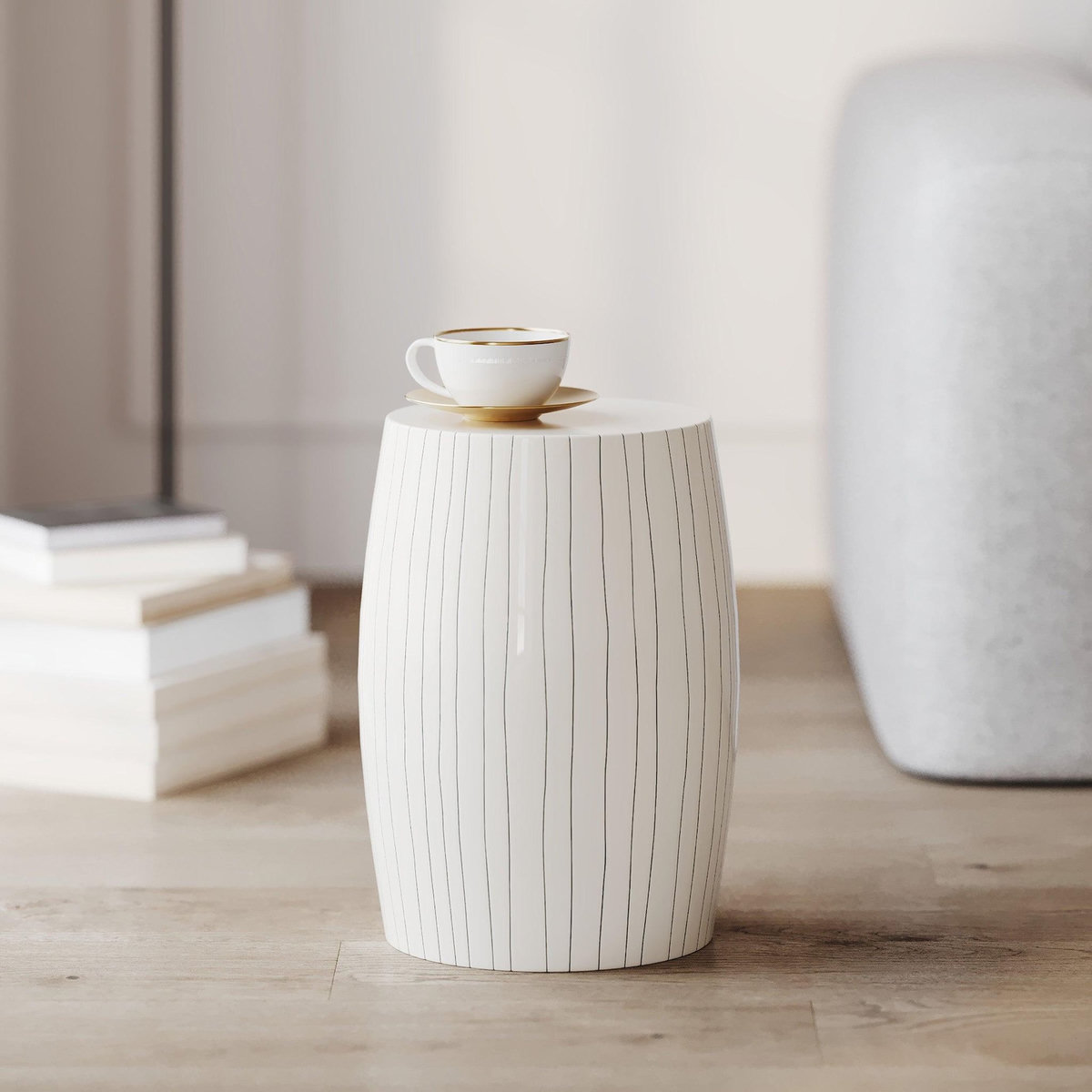Rendez vous déco Table d'appoint ronde en métal blanc rayé D26 cm-Nello