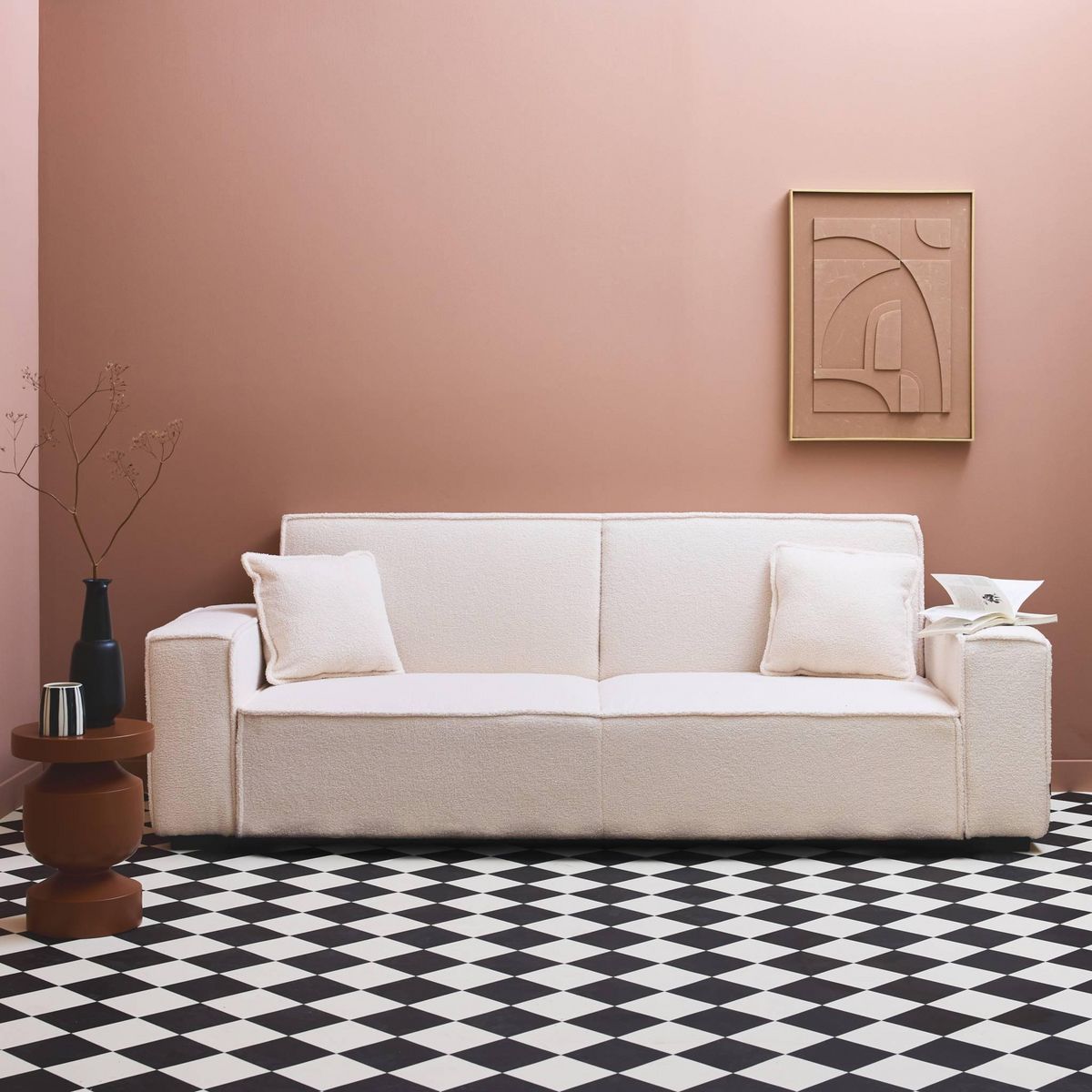 SWEEEK Canapé 3 places convertible en tissu bouclette blanc crème