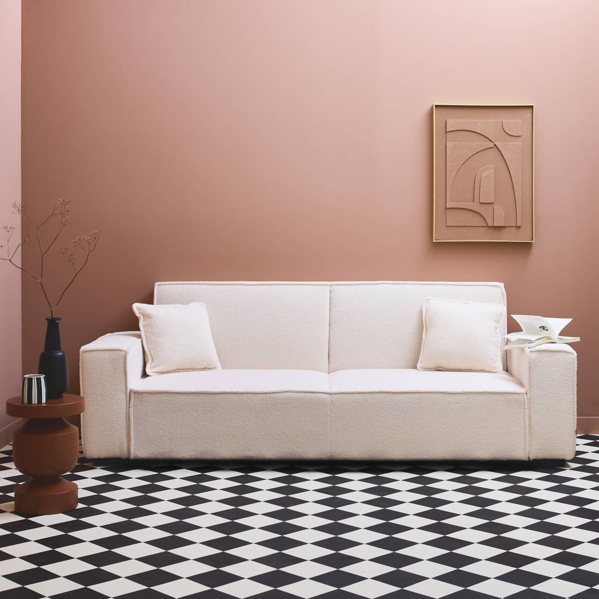 SWEEEK Canapé 3 places convertible en tissu bouclette blanc crème