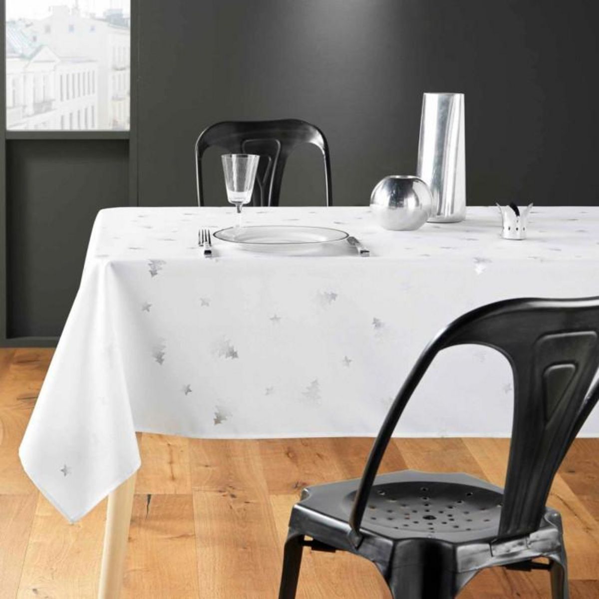Paris Prix Nappe Imprimé Métallisé  Sapin  150x240cm Blanc & Argent