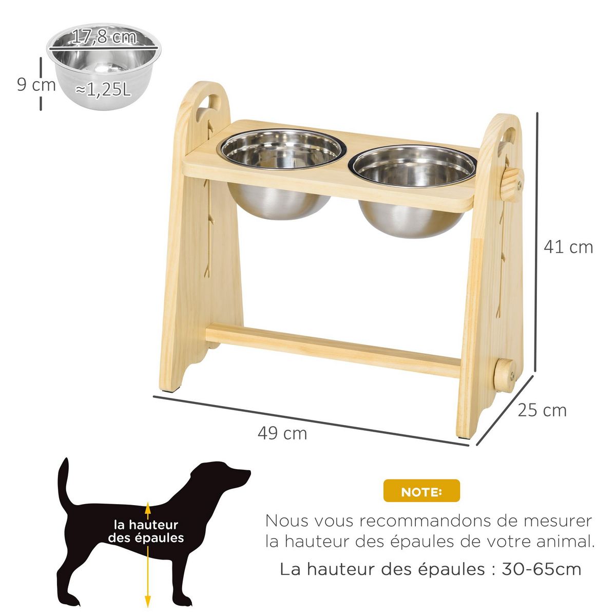 PAWHUT Gamelle double chien chat - porte-gamelles surélevé - hauteur, inclinaison réglables - 2 gamelles acier inox. incluses bois pin