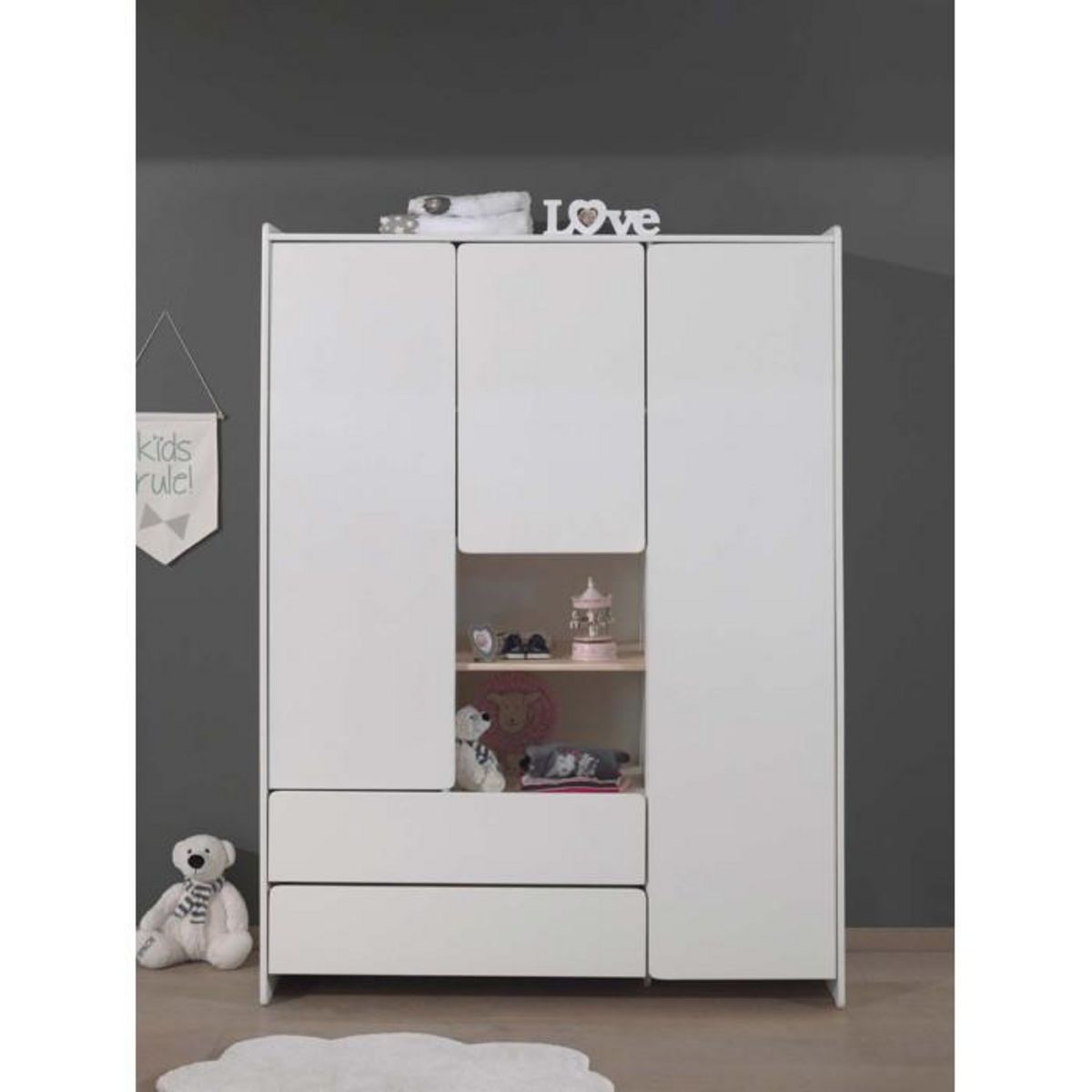 Paris Prix Armoire 3 Portes & 2 Tiroirs  Kiddy  190cm Blanc