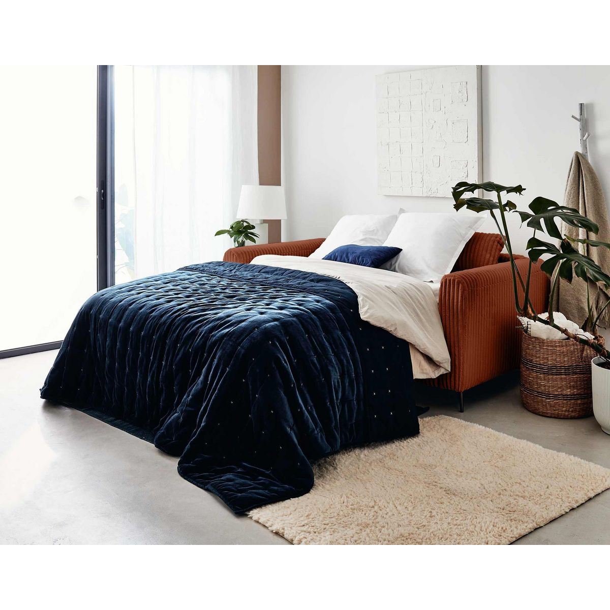 LISA DESIGN Owen - canapé 3 places convertible express couchage quotidien 140 cm matelas 12 cm en velours côtelé grosses côtes