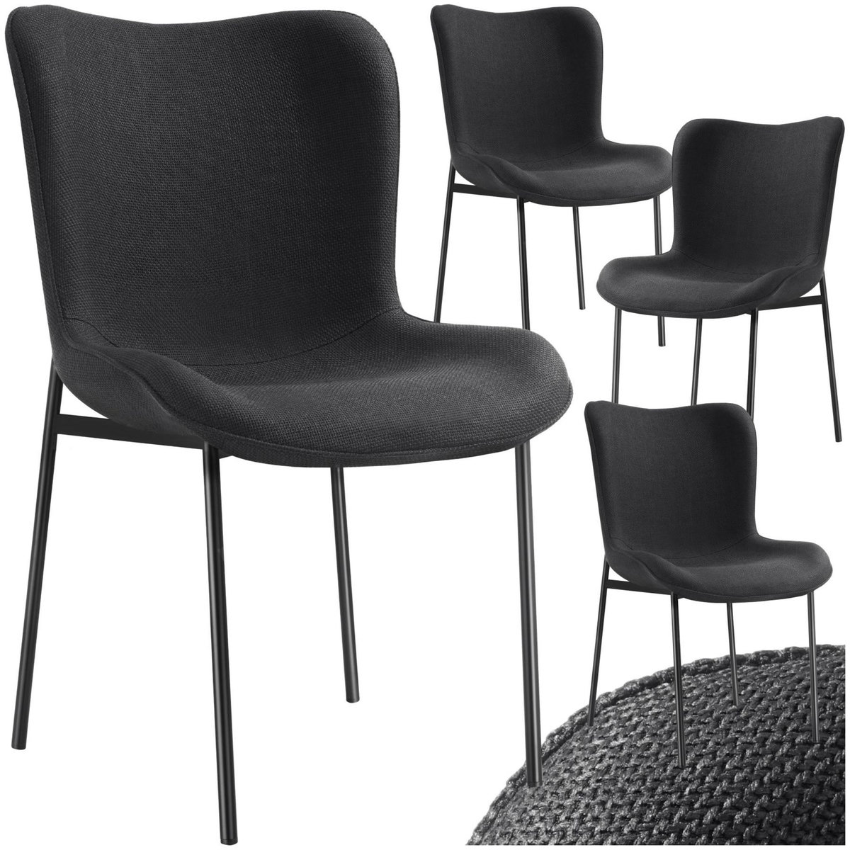 tectake Chaise rembourrée forme ergonomique avec dossier haut Tissu noir/noir Lot de 4