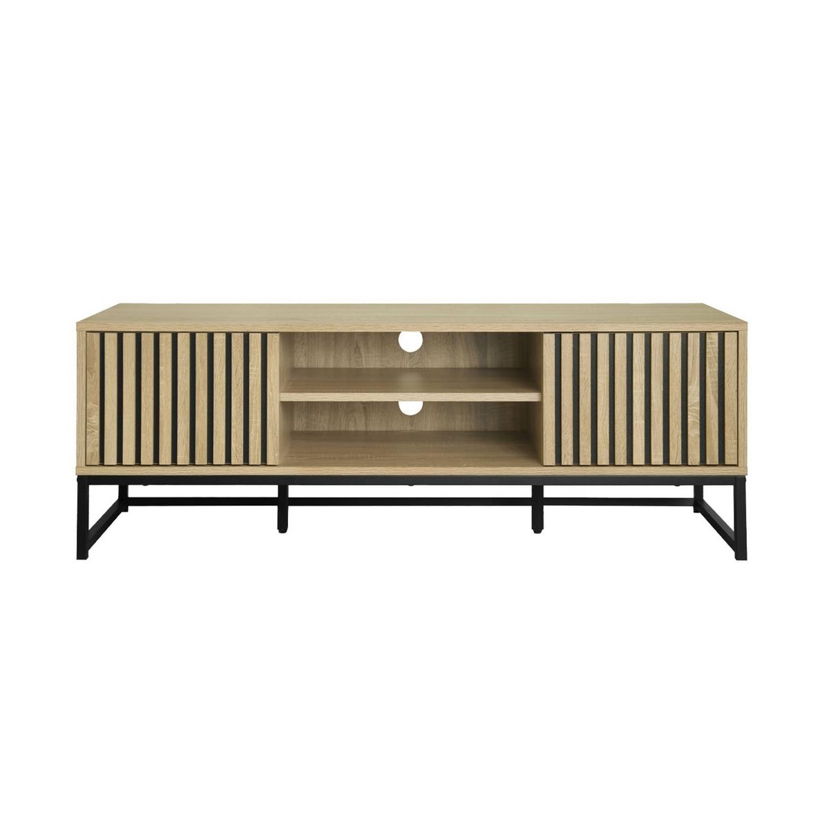 SWEEEK Meuble TV en décor bois rainuré L 120cm et piètement en métal noir. système d'ouverture par pression