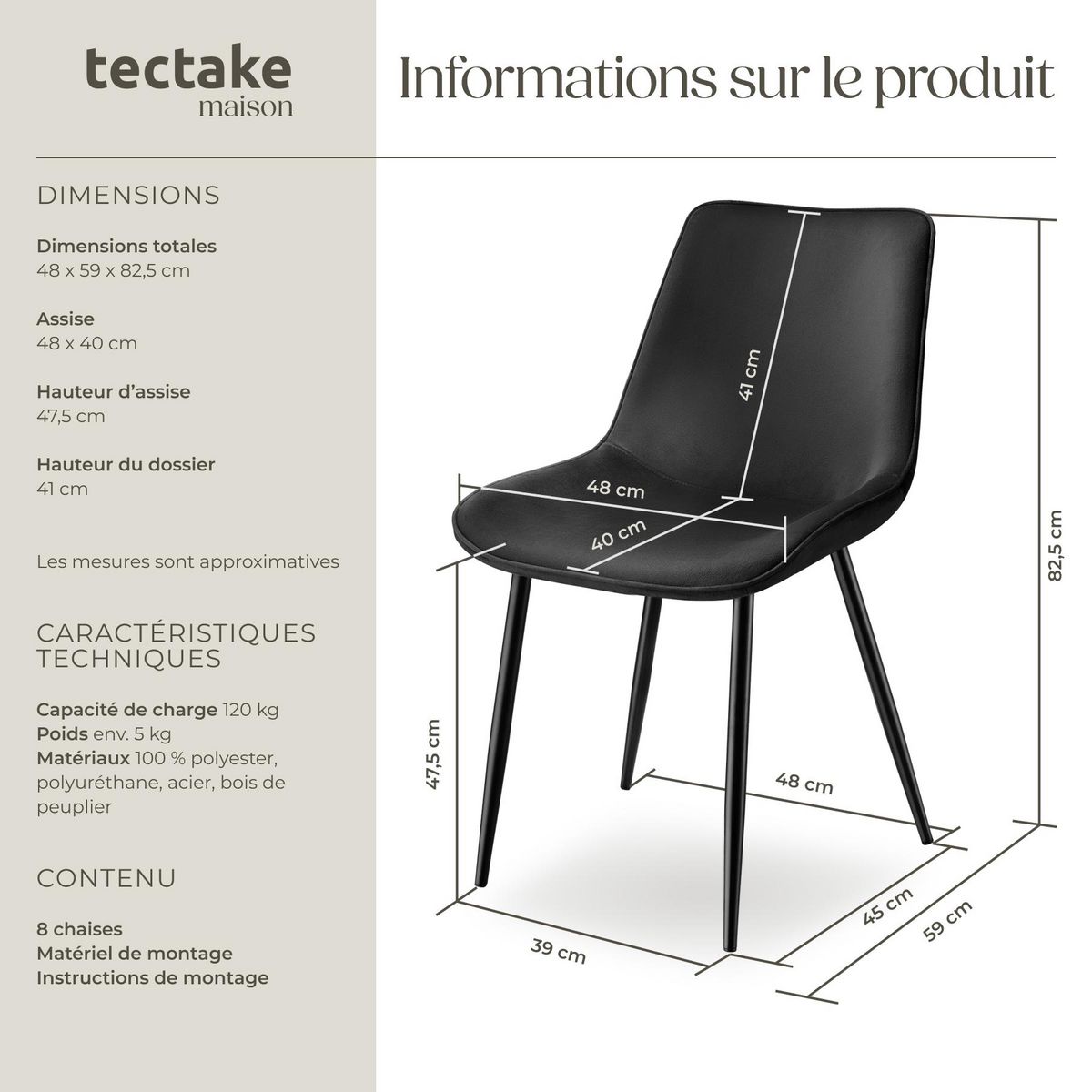 tectake Lot de chaises rembourrées aspect velours noir Lot de 8
