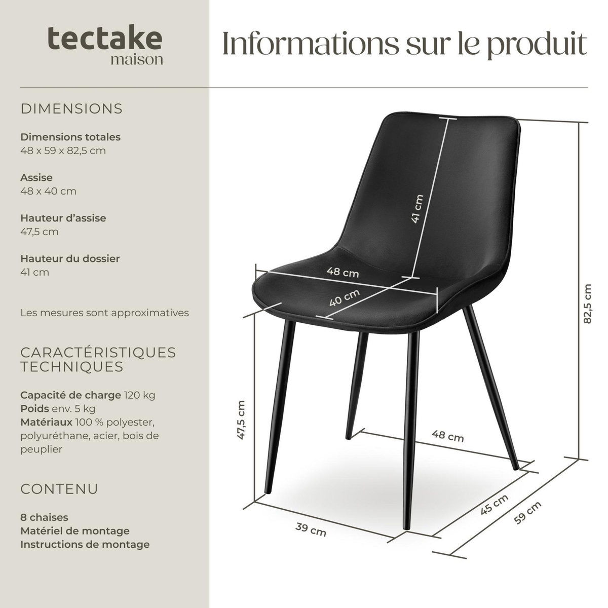 tectake Lot de chaises rembourrées aspect velours noir Lot de 8