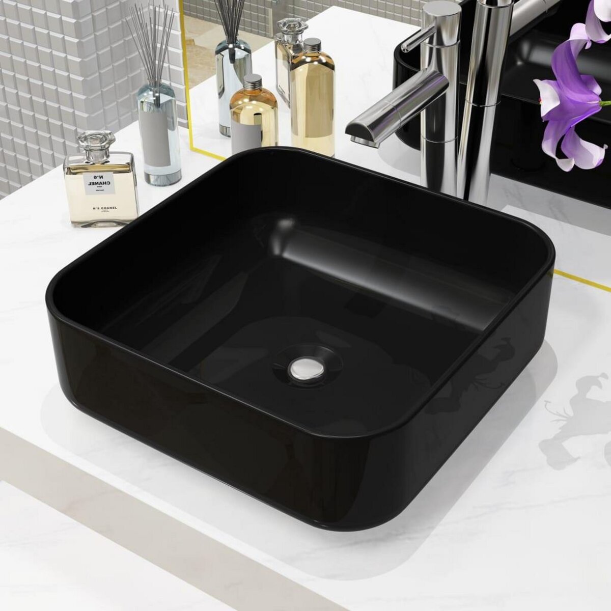 VIDAXL Lavabo carre Ceramique Noir 38 x 38 x 13,5 cm