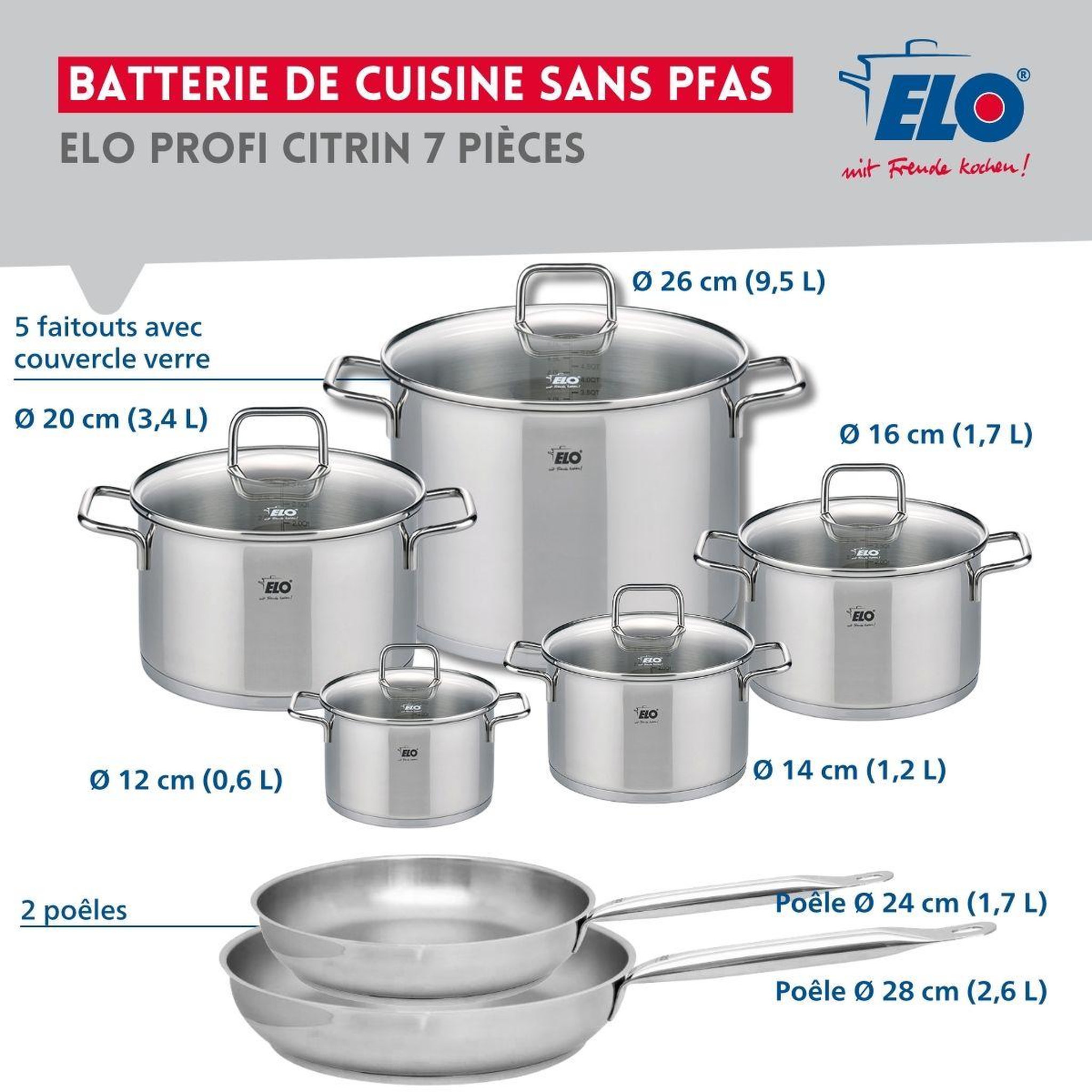 Voir la diapositive 2 : ELO Ensemble de 2 poêles de cuisson 24 et 28 cm et 5 faitouts 12, 14, 16, 20 et 26 cm elo profi citrin