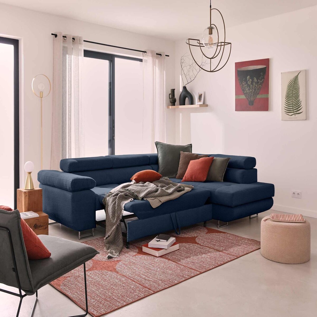 BEST MOBILIER Zaria - canapé d'angle droit - convertible avec coffre et têtières réglables - 5 places - en velours côtelé