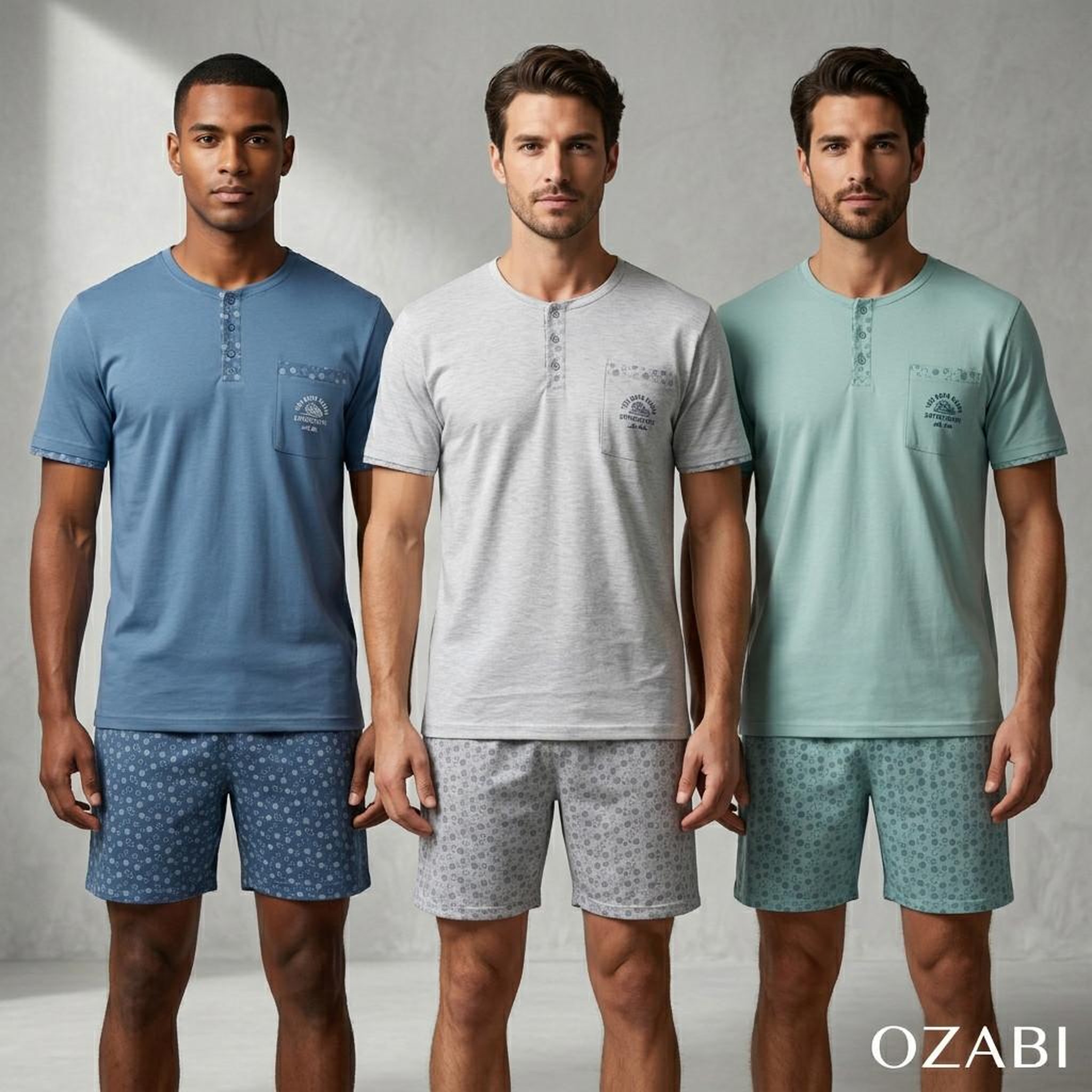 Voir la diapositive 2 : OZABI OZABI Pack 3 Pyjamas Courts Homme Coton Majoritaire, Col Bouton