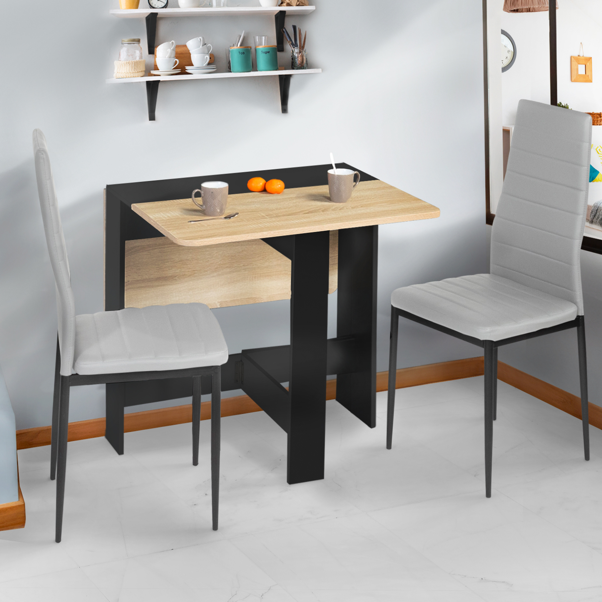 Voir la diapositive 2 : ID MARKET Table console pliable edi 2-4 personnes bois noir plateau façon hêtre 103 x 76 cm