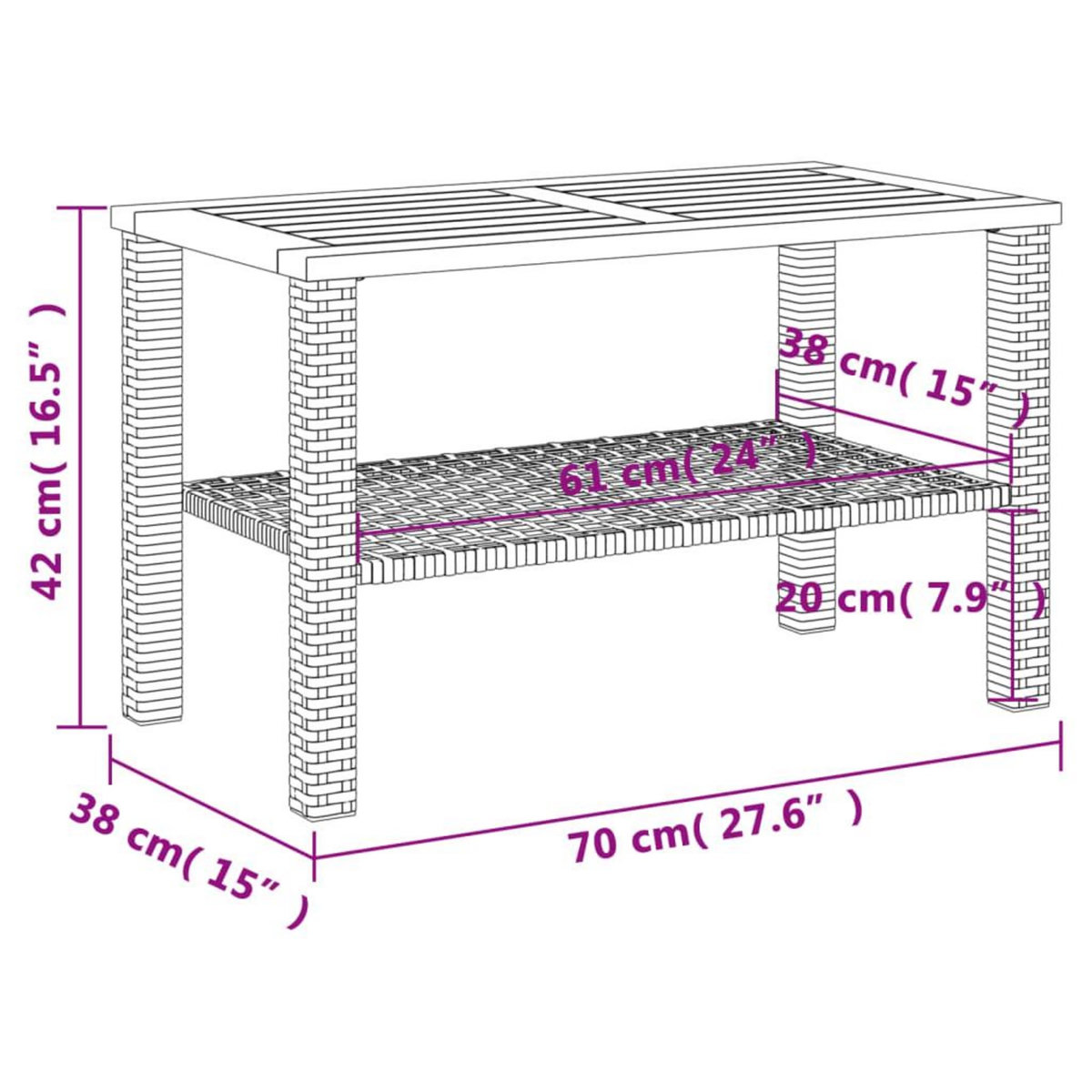 VIDAXL Table de jardin gris 70x38x42 cm resine tressee et bois acacia