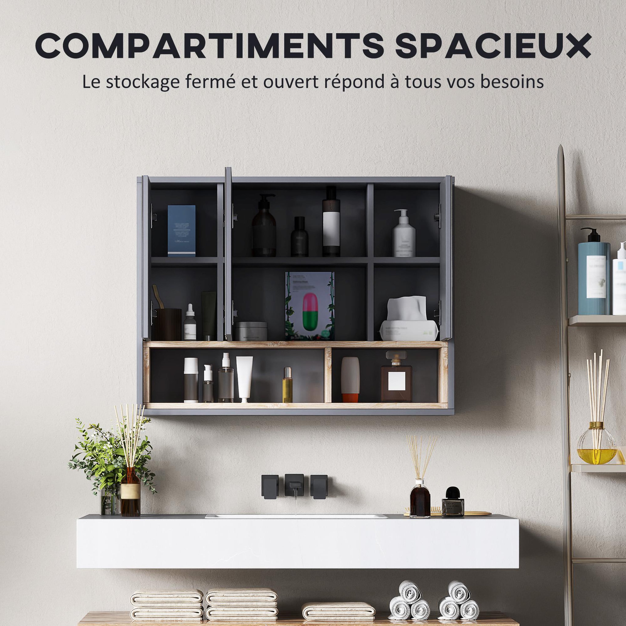 Voir la diapositive 6 : HOMCOM Armoire miroir de salle de bain - 3 portes, 3 étagères, 2 niches - dim. 80 x 20 x 60 cm - gris effet bois clair naturel