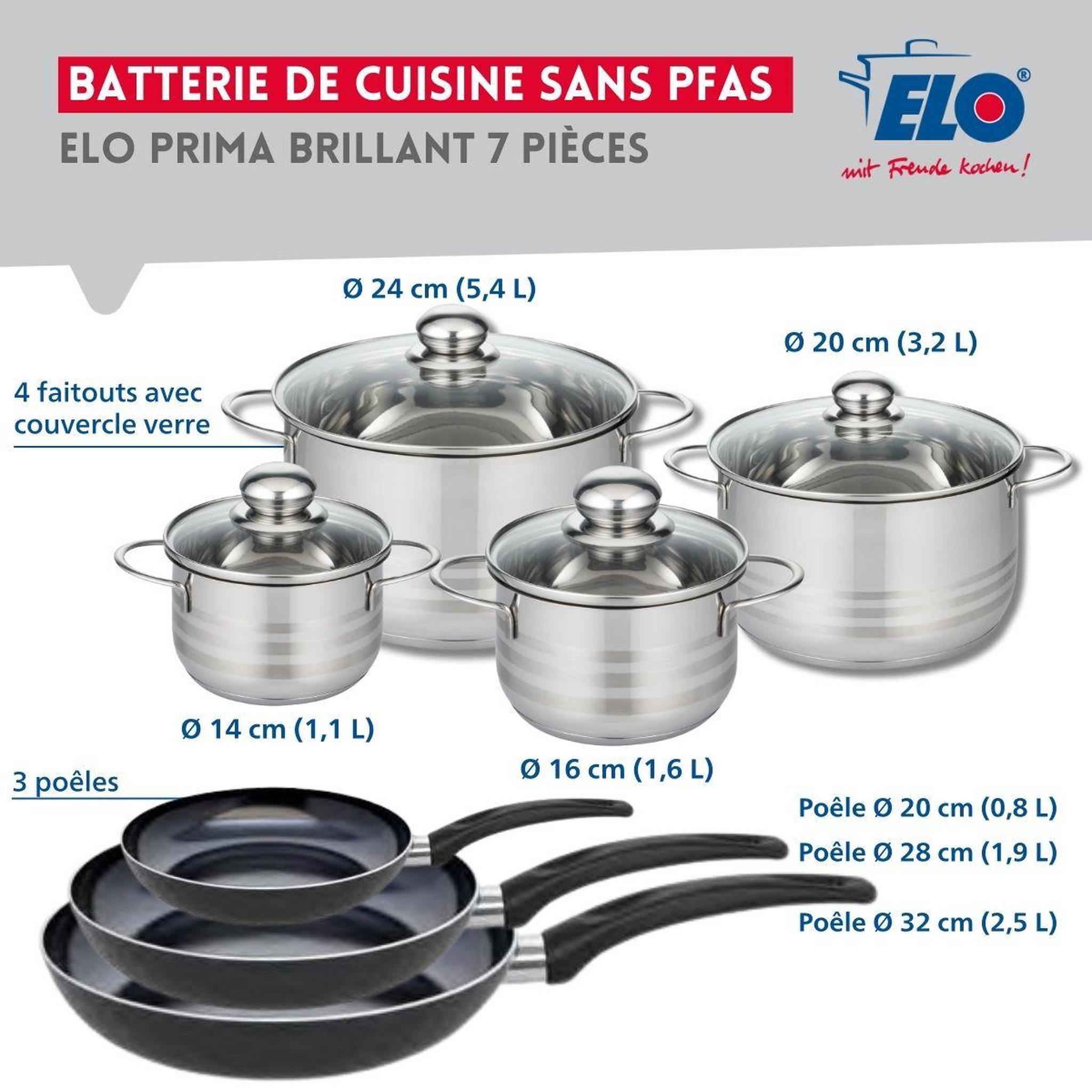 Voir la diapositive 2 : ELO Ensemble de 3 poêles de cuisson 20, 28 et 32 cm et 4 faitouts 14, 16, 20 et 24 cm elo prima brillant