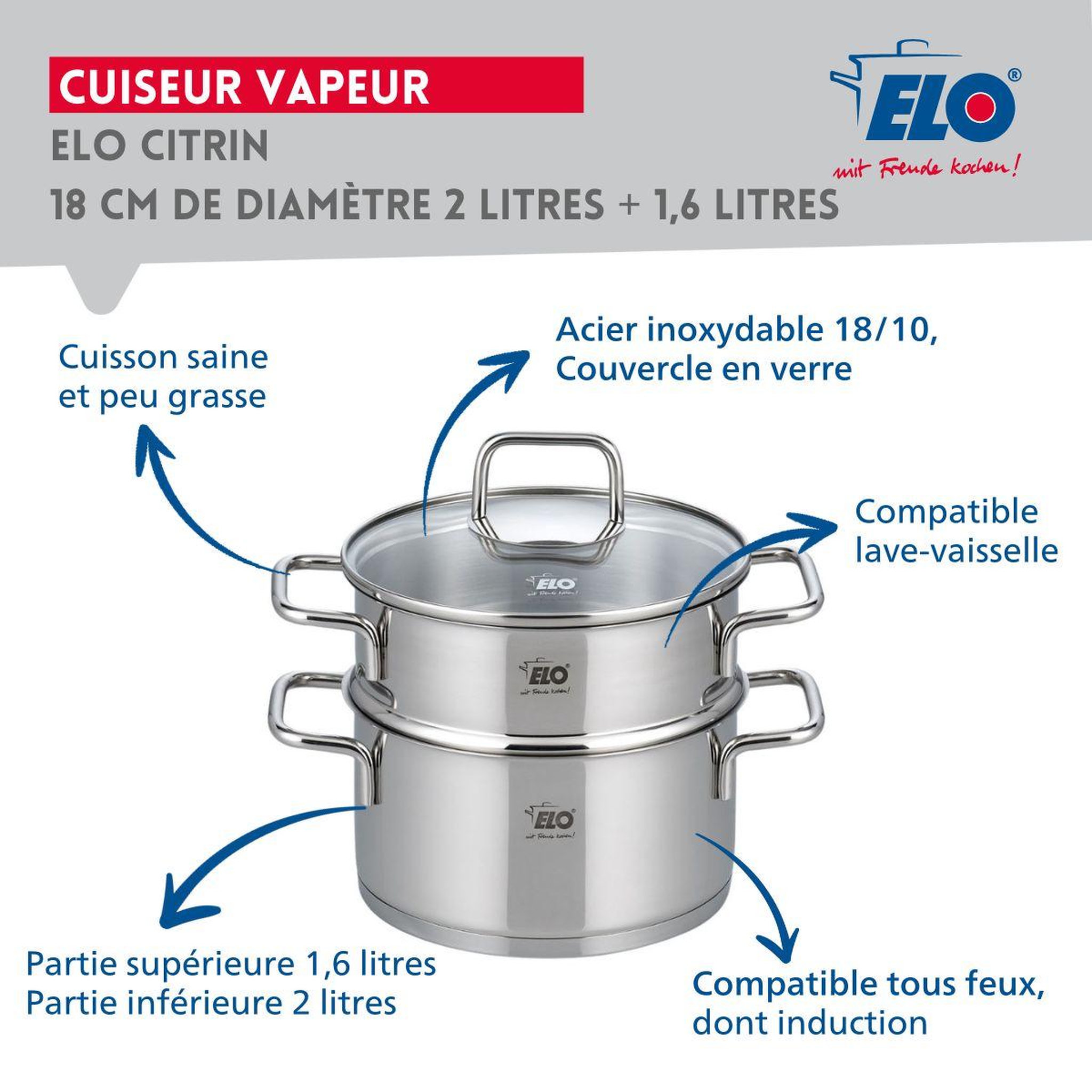 Voir la diapositive 3 : ELO Cuiseur vapeur en inox 18 cm de 2 litres Elo Citrin