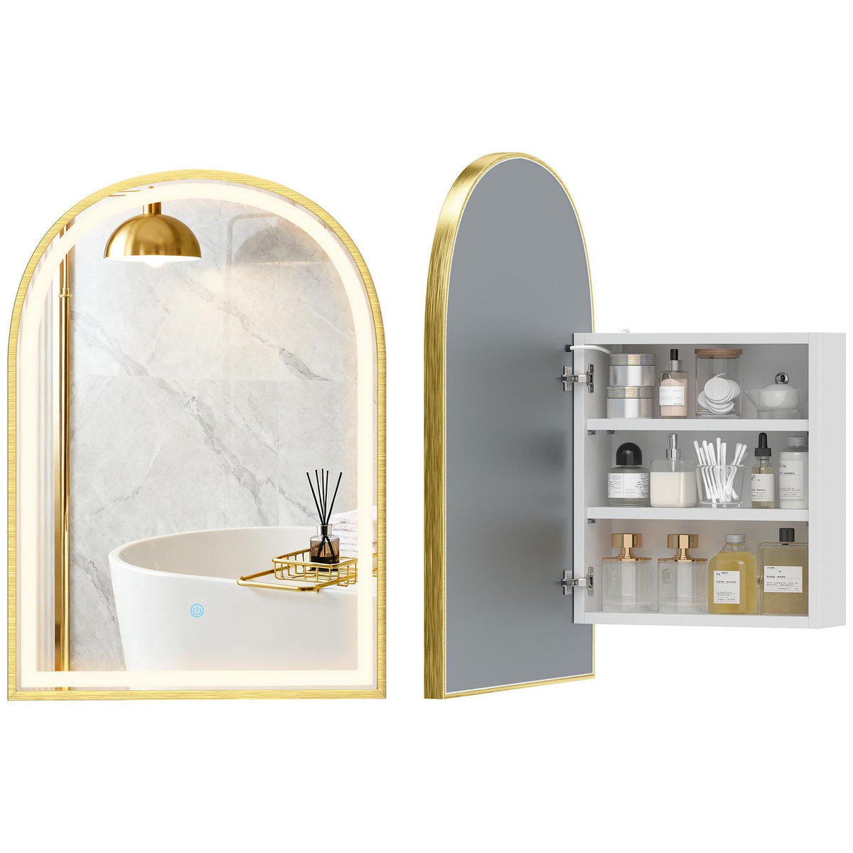 HOMCOM Armoire miroir LED réglable salle de bain design arche alu brossé doré 2 étagères