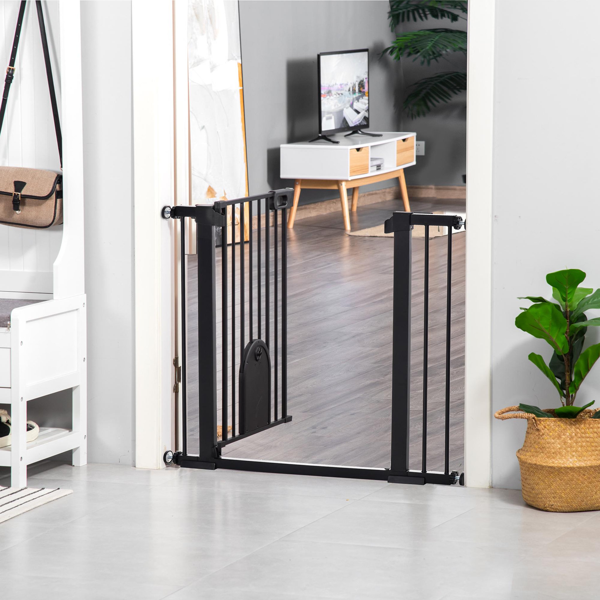 Voir la diapositive 2 : PAWHUT Barrière de sécurité chien h.76 cm - porte verrouillable - fixation par pression 75-103 cm - acier abs noir