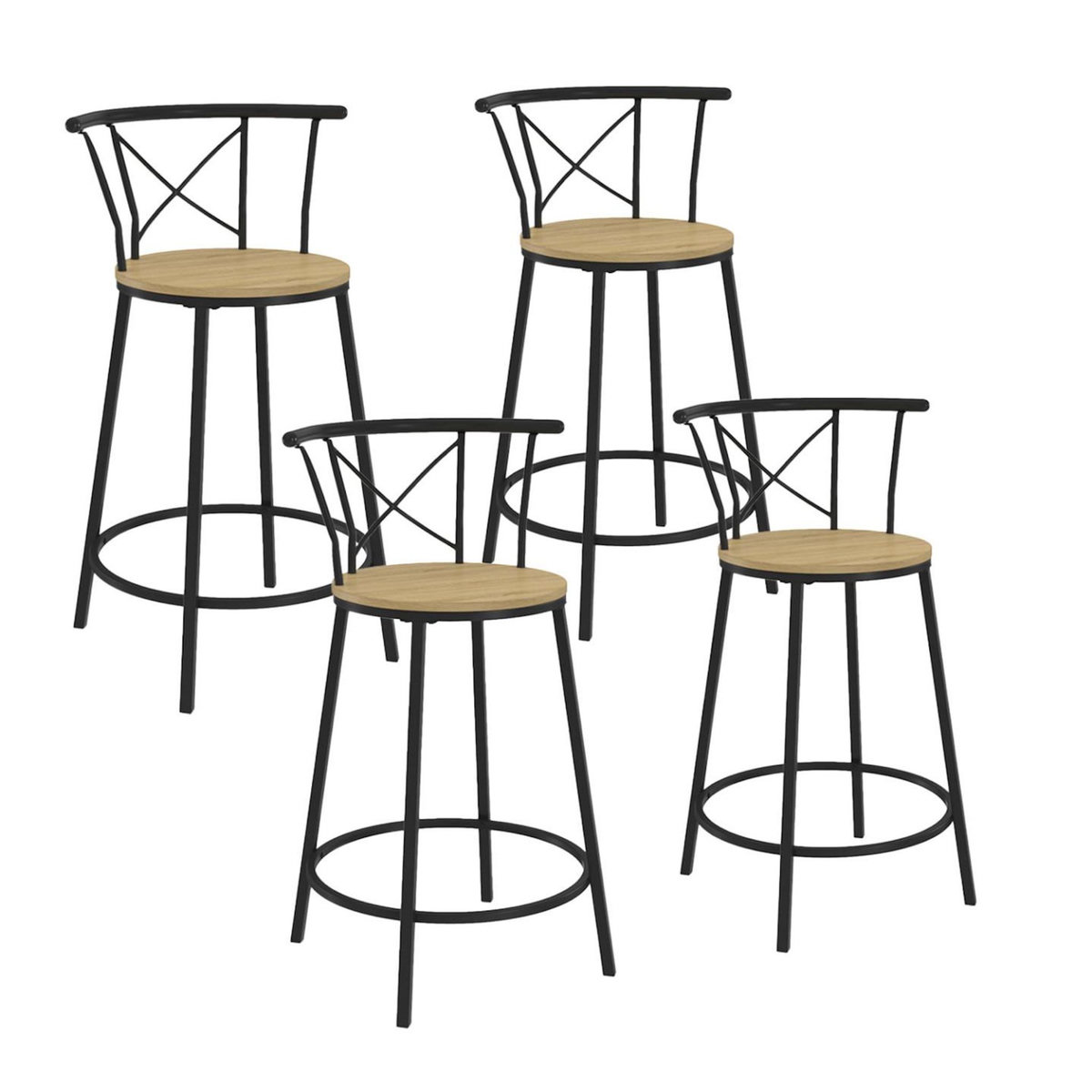 ID MARKET Lot de 4 tabourets de bar bistrot DETROIT avec dossier arrondis design industriel