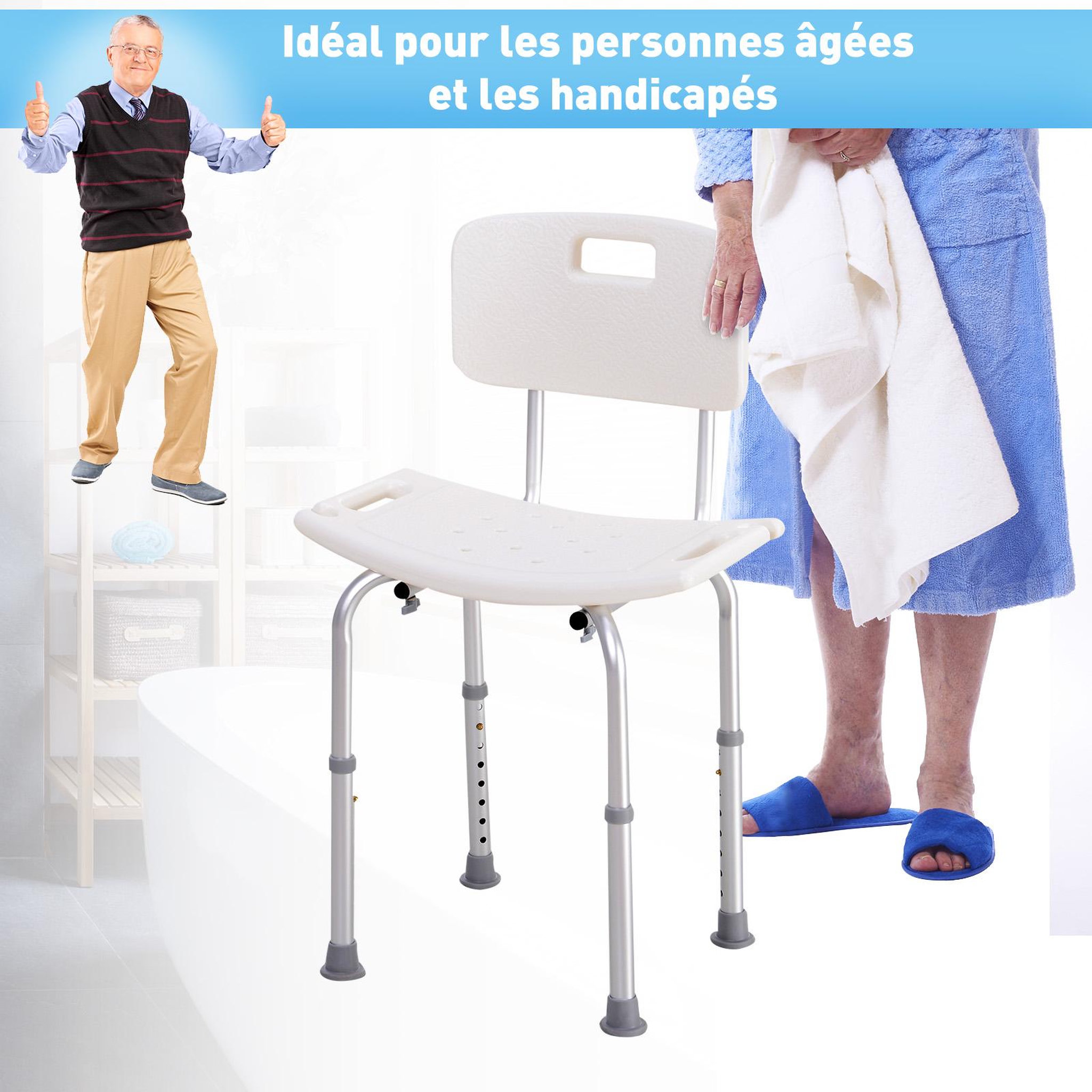 Voir la diapositive 4 : HOMCOM Chaise de douche siège de douche ergonomique hauteur réglable pieds antidérapants charge max. 136 kg alu hdpe blanc