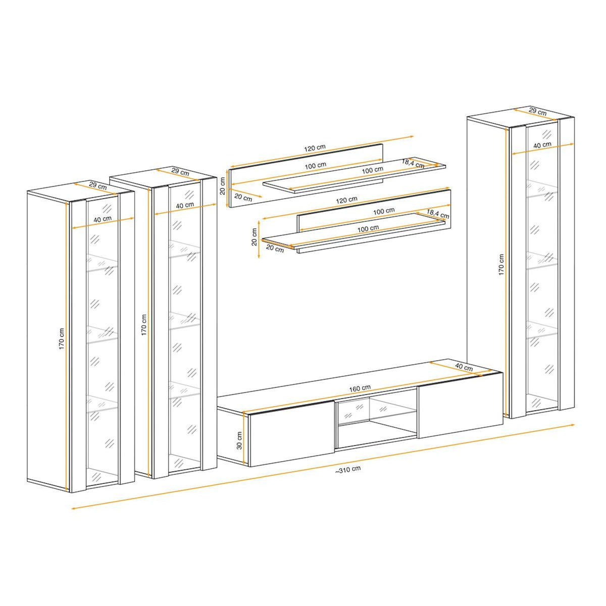 Paris Prix Meuble TV Mural Design  Fly P2  310cm Blanc & Noir