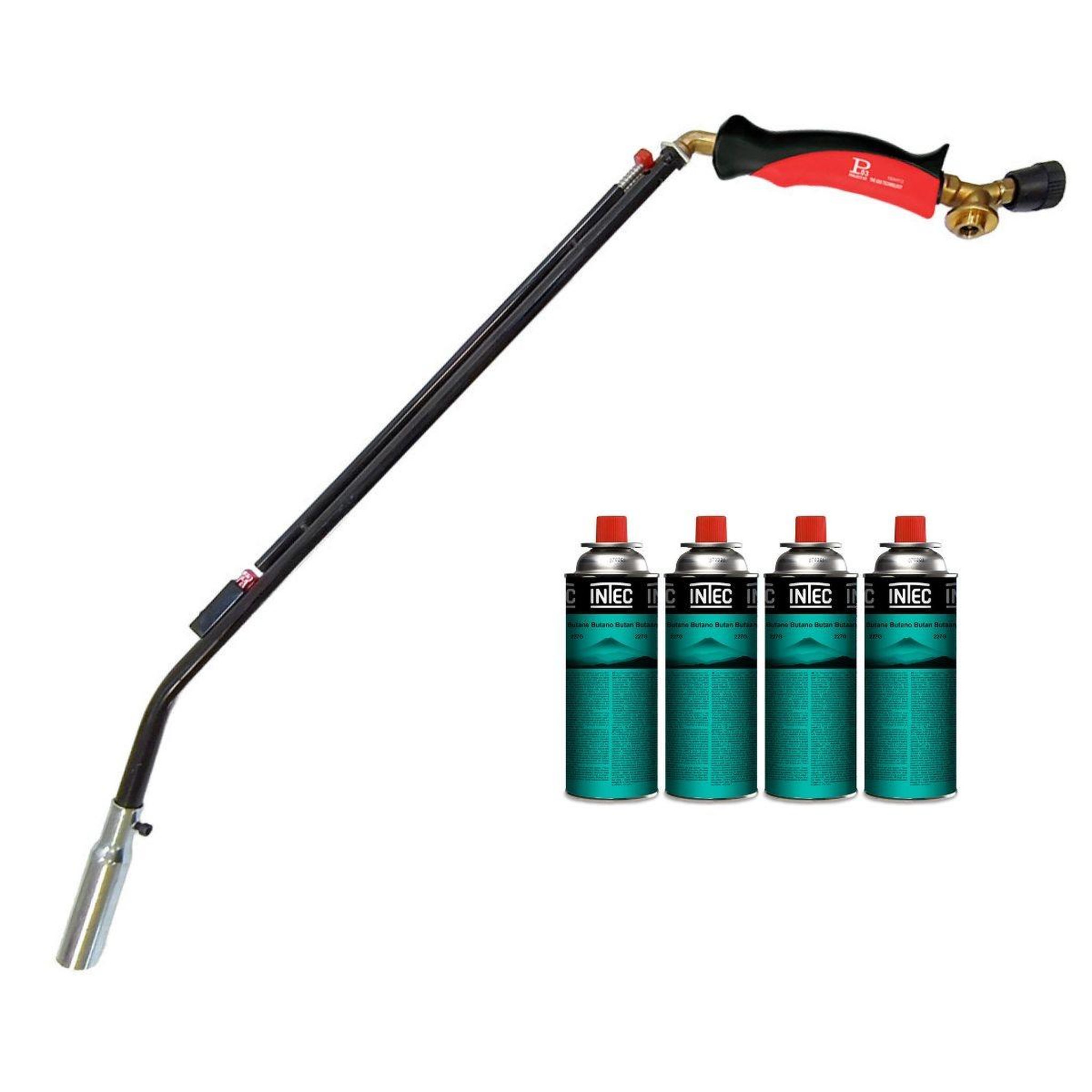 INTEC Désherbeur thermique à gaz 1100w + 4 cartouches de gaz butane brule herbes allumage piezo + adaptateur multicartouche intec