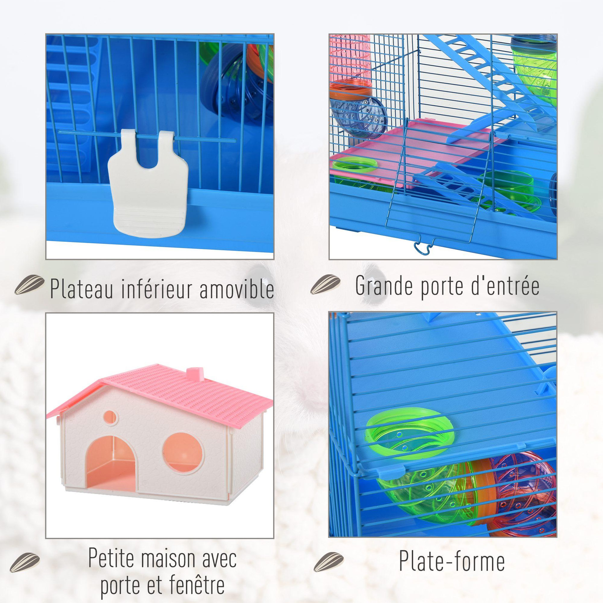 Voir la diapositive 5 : PAWHUT Cage pour Hamster Souris Petit Animaux Rongeur avec Tunnel Mangeoire Roue Jouet 47 x 30 x 59 cm cm Bleu