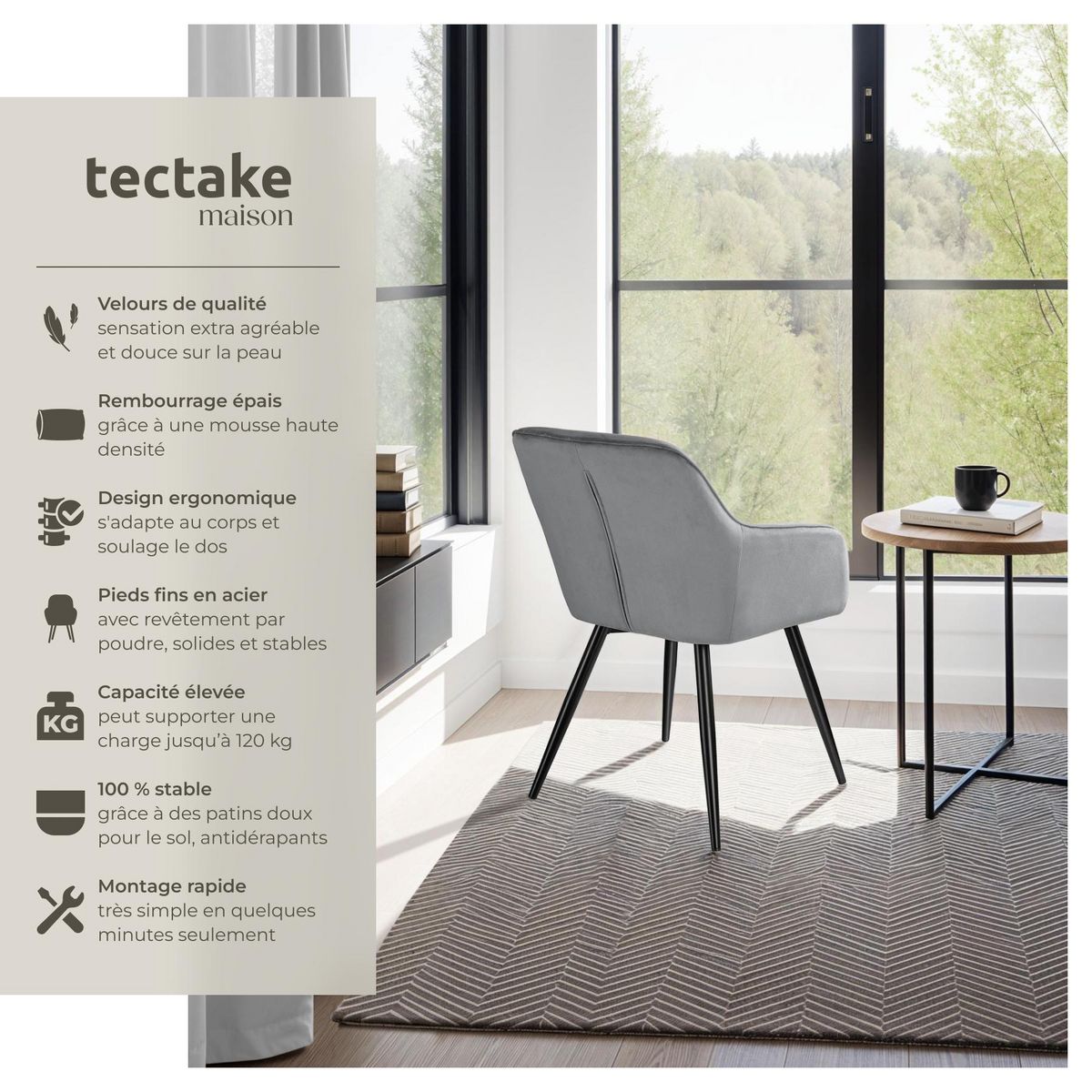 tectake Chaise style scandinave rembourrée aspect velours gris/noir