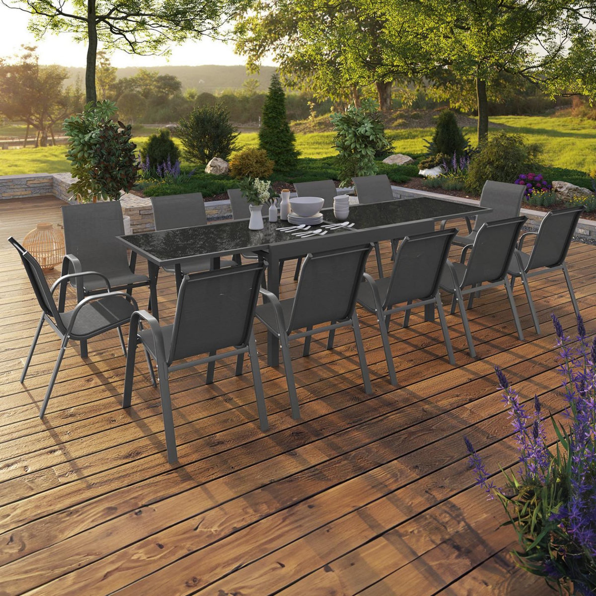 ID MARKET Salon de jardin MADRID table extensible plateau gris 135-270 CM et 12 chaises empilables gris anthracite