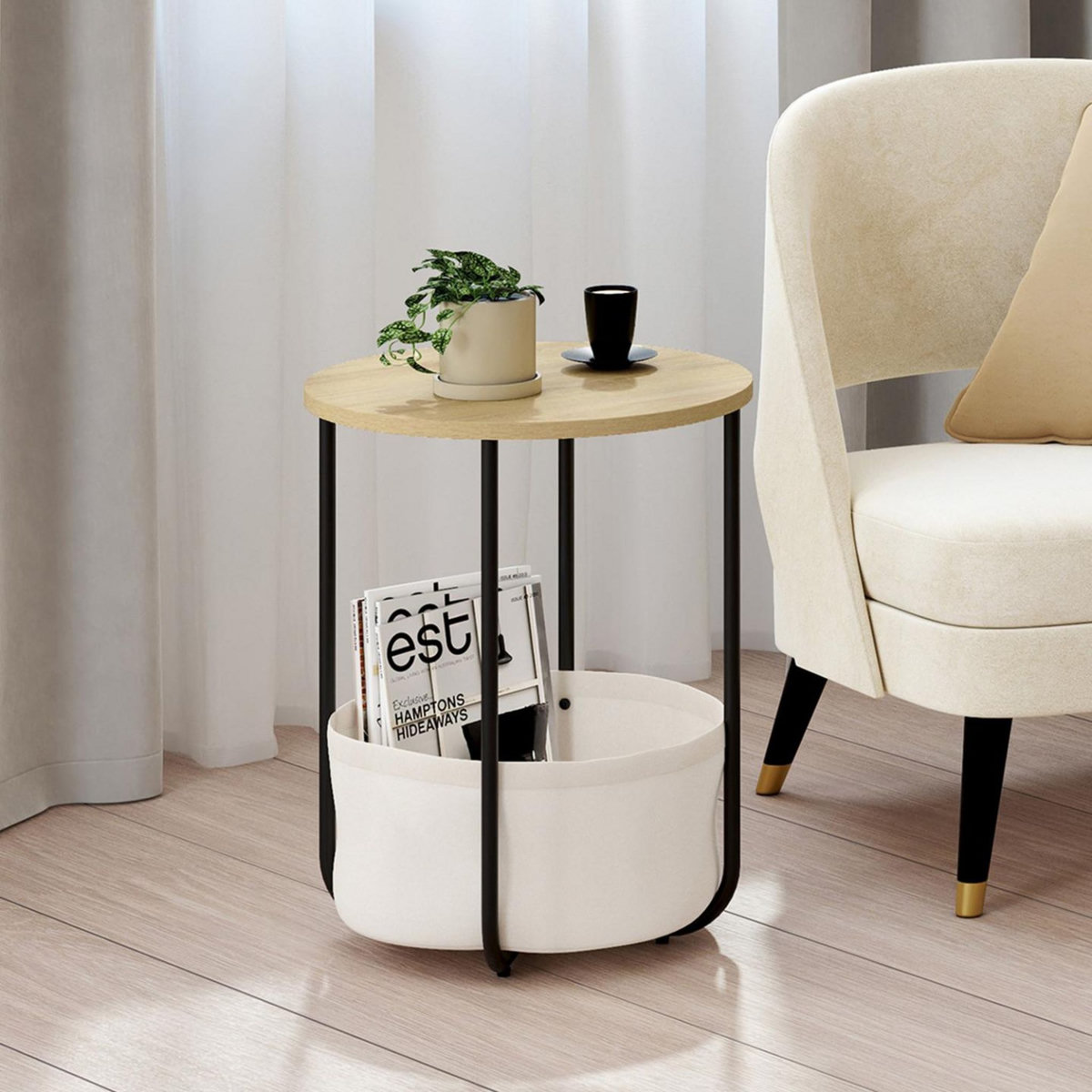 ID MARKET Lot de 2 tables de chevet, tables d'appoint, bout de canapé DETROIT rondes avec panier en tissu design industriel