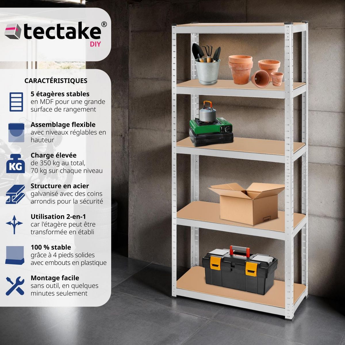 tectake Étagère pour charges lourdes structure en acier galvanisé argent 180 x 75 x 30 cm, 350 kg