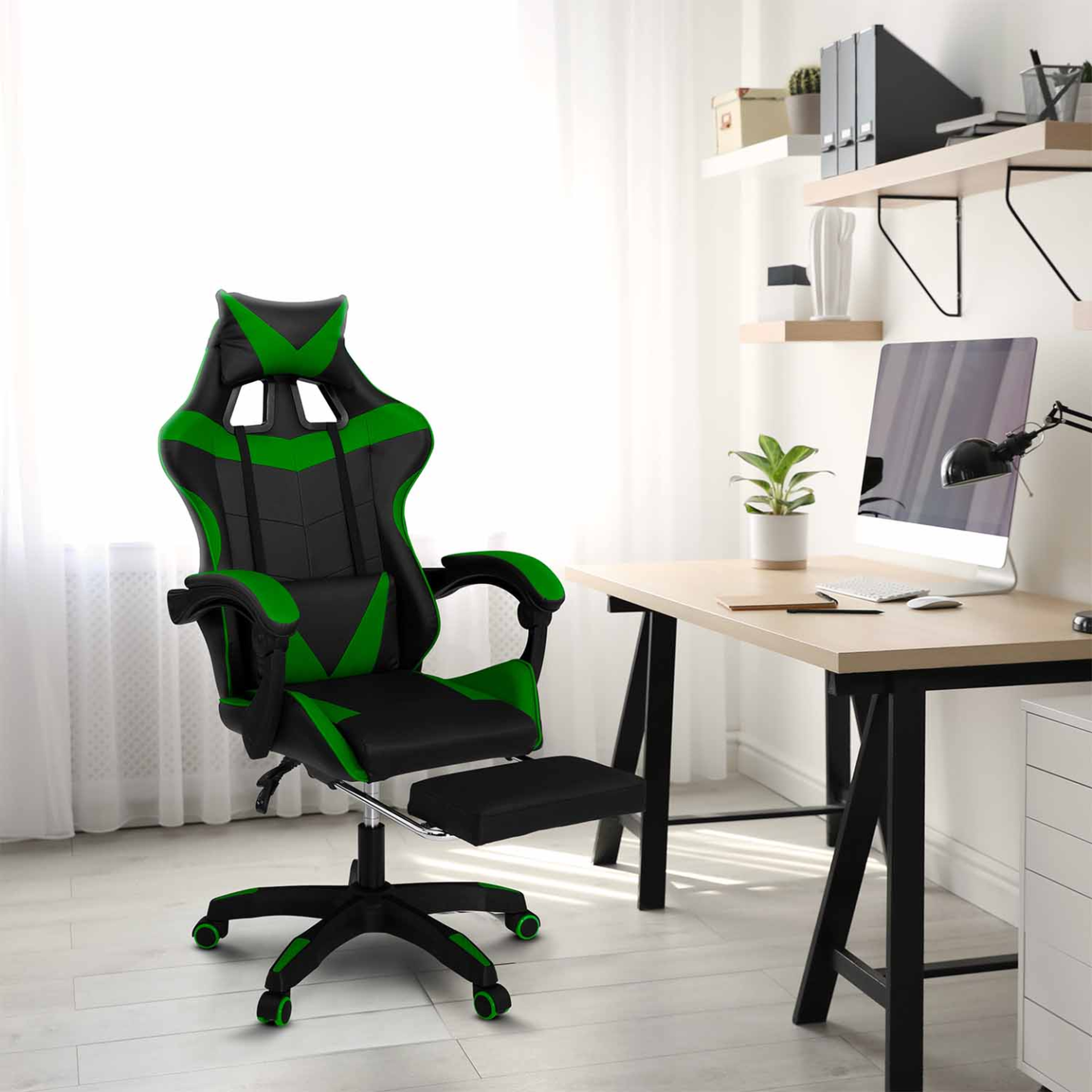 Voir la diapositive 4 : ID MARKET Fauteuil de gaming alex réglable avec repose-pied, coussin de tête et coussin lombaire noir et vert