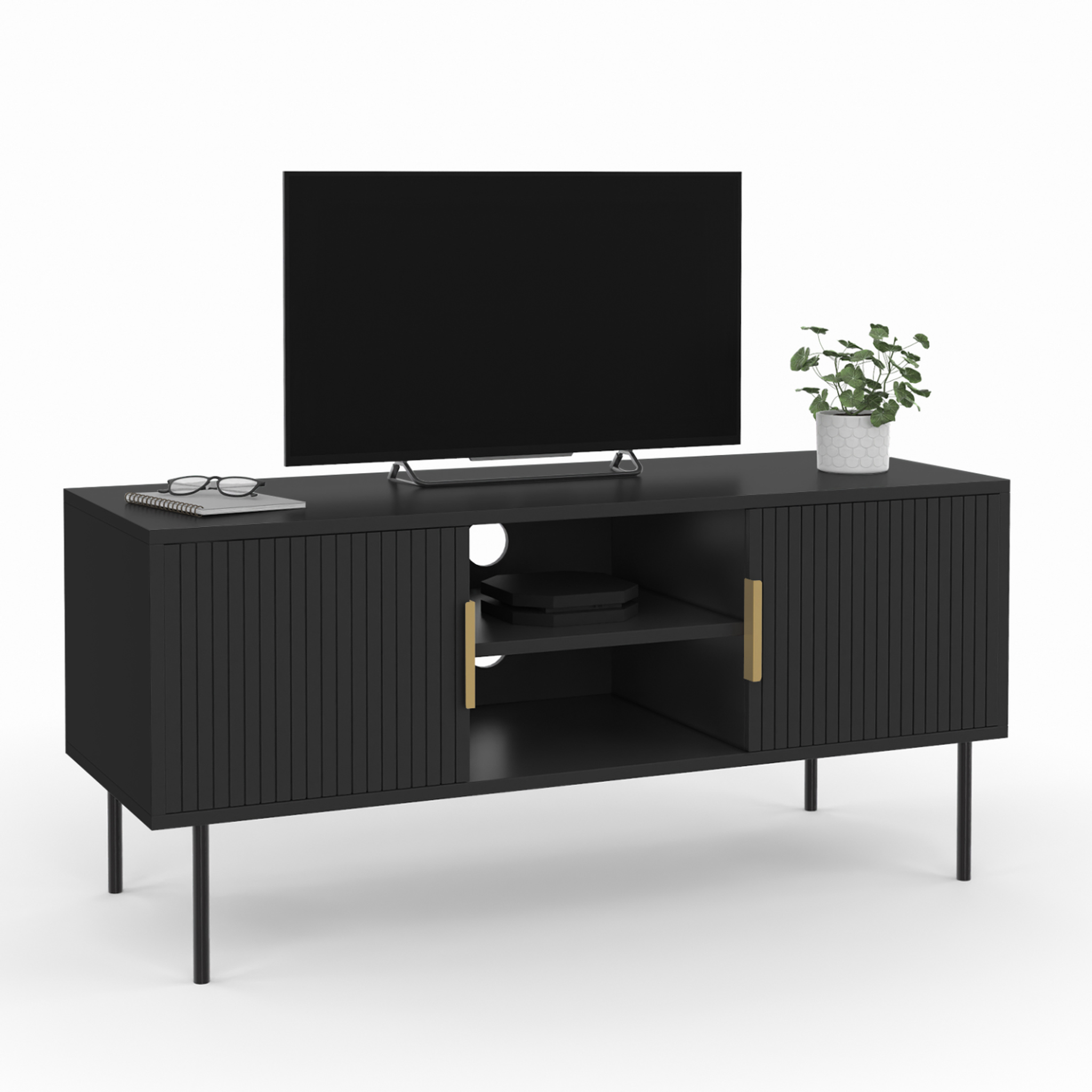 ID MARKET Meuble tv 110 cm marcel 2 portes lattes tasseau bois noir