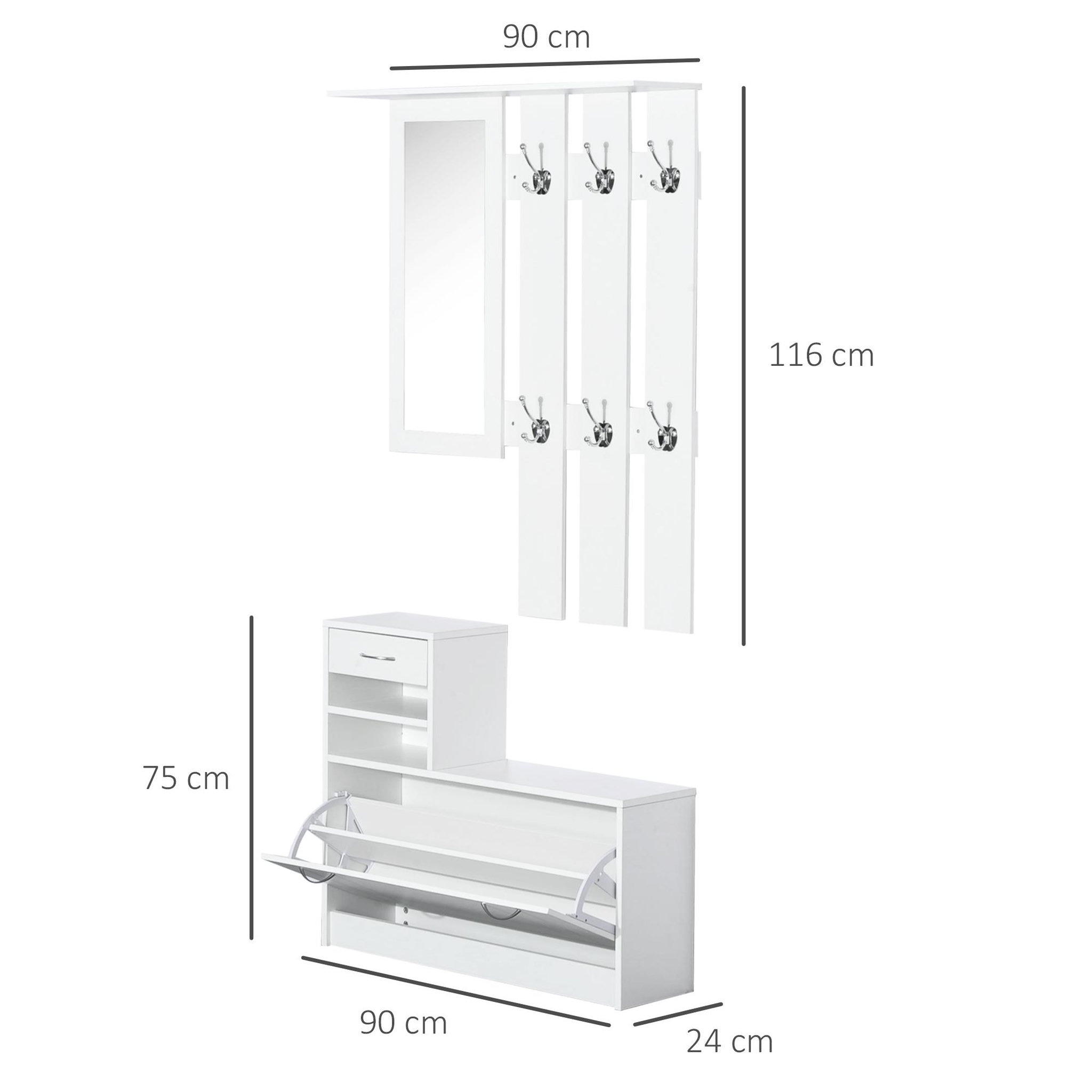 Voir la diapositive 3 : HOMCOM Ensemble de meubles d'entrée design contemporain : meuble chaussures, miroir et panneau porte-manteau panneaux de particules blanc