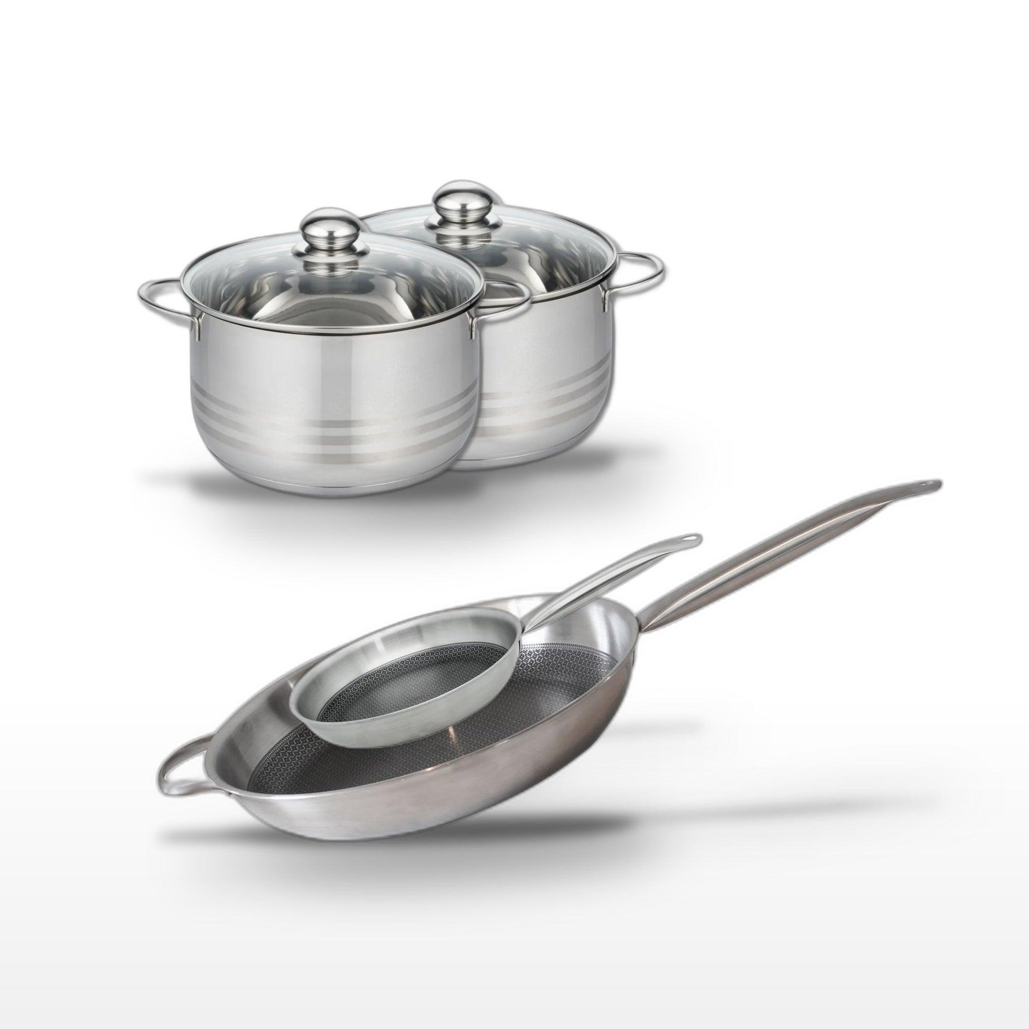 ELO Batterie de cuisine set de 4 pièces en inox avec 2 faitouts 20/24 cm et 2 poêles 24/32 cm elo collection relief solution brillant