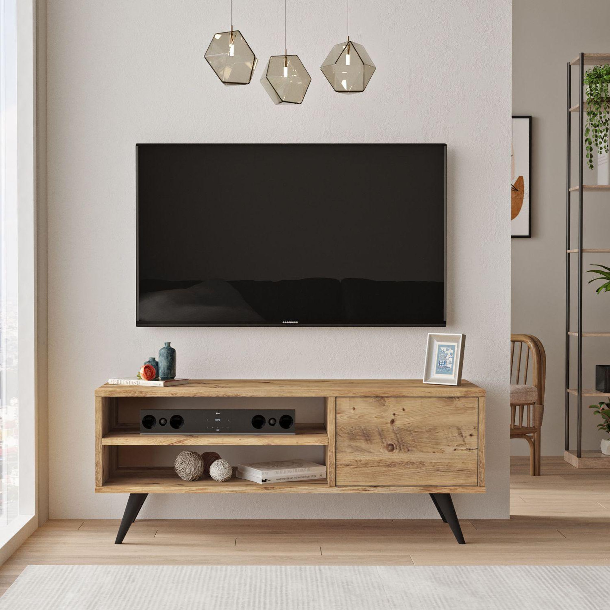 Voir la diapositive 2 : TOILINUX Meuble tv avec 2 niches de rangement ouvertes et une porte abattante en panneaux de particule