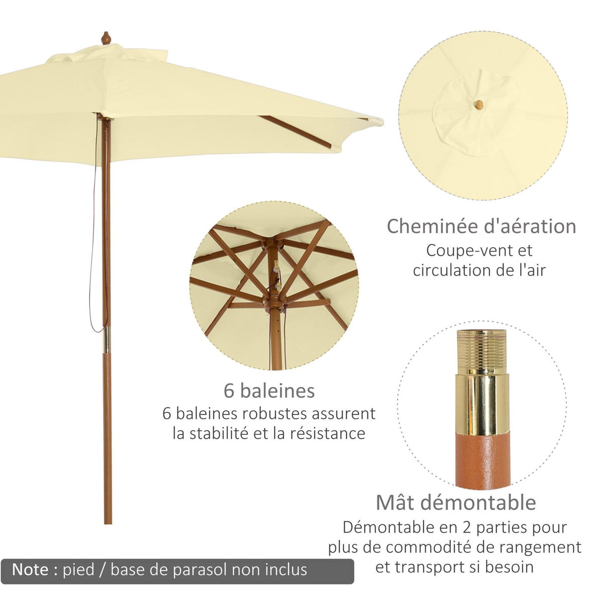 OUTSUNNY Outsunny Parasol droit hexagonal grande taille de jardin Ø 2,5 x 2,3H m bois de bambou crème