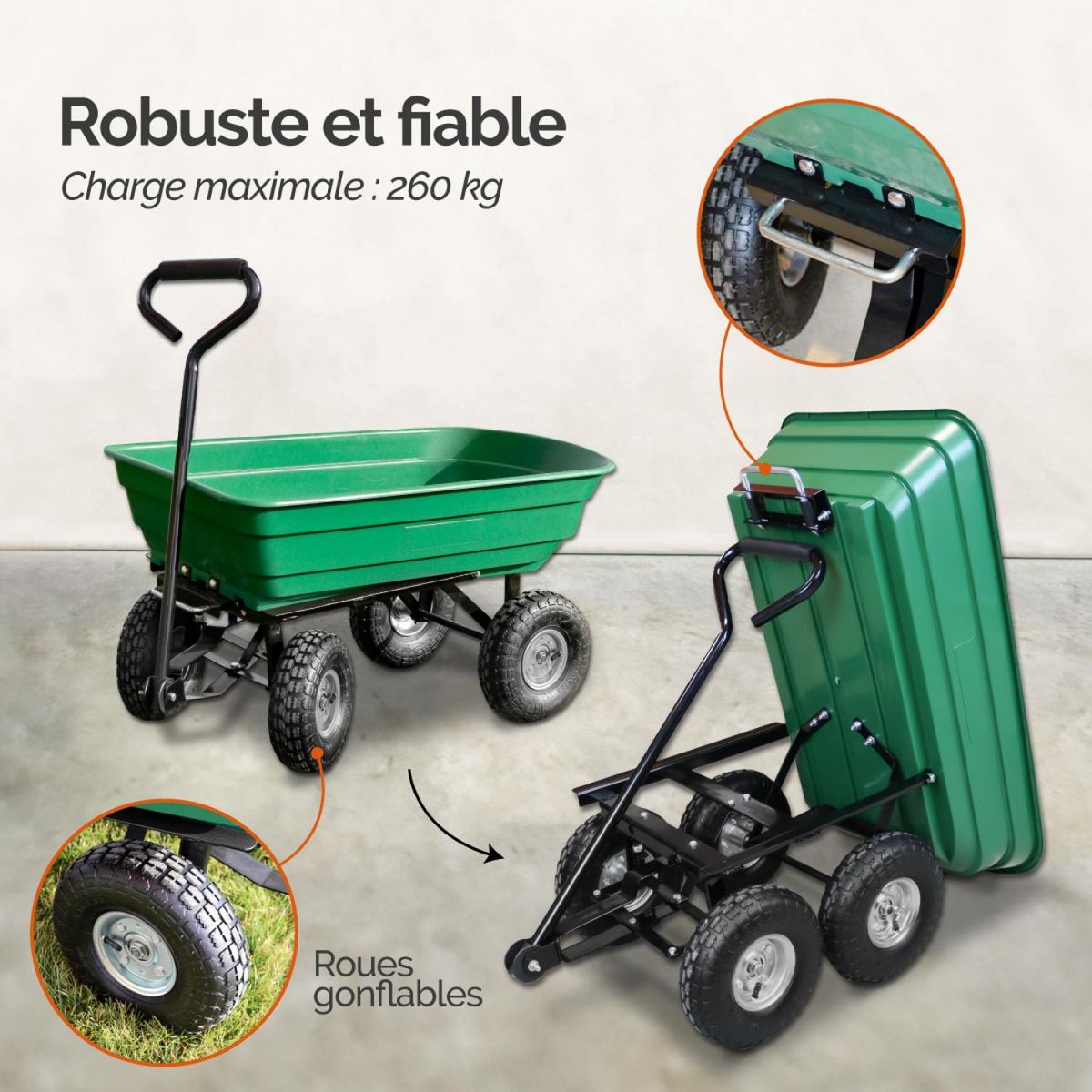 LINXOR Chariot de jardin, remorque de transport à roulettes - 75 L - 260 Kg