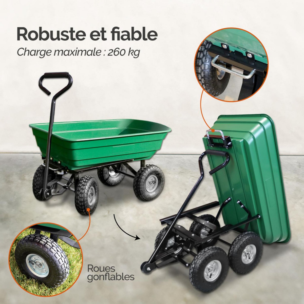 LINXOR Chariot de jardin, remorque de transport à roulettes - 75 L - 260 Kg