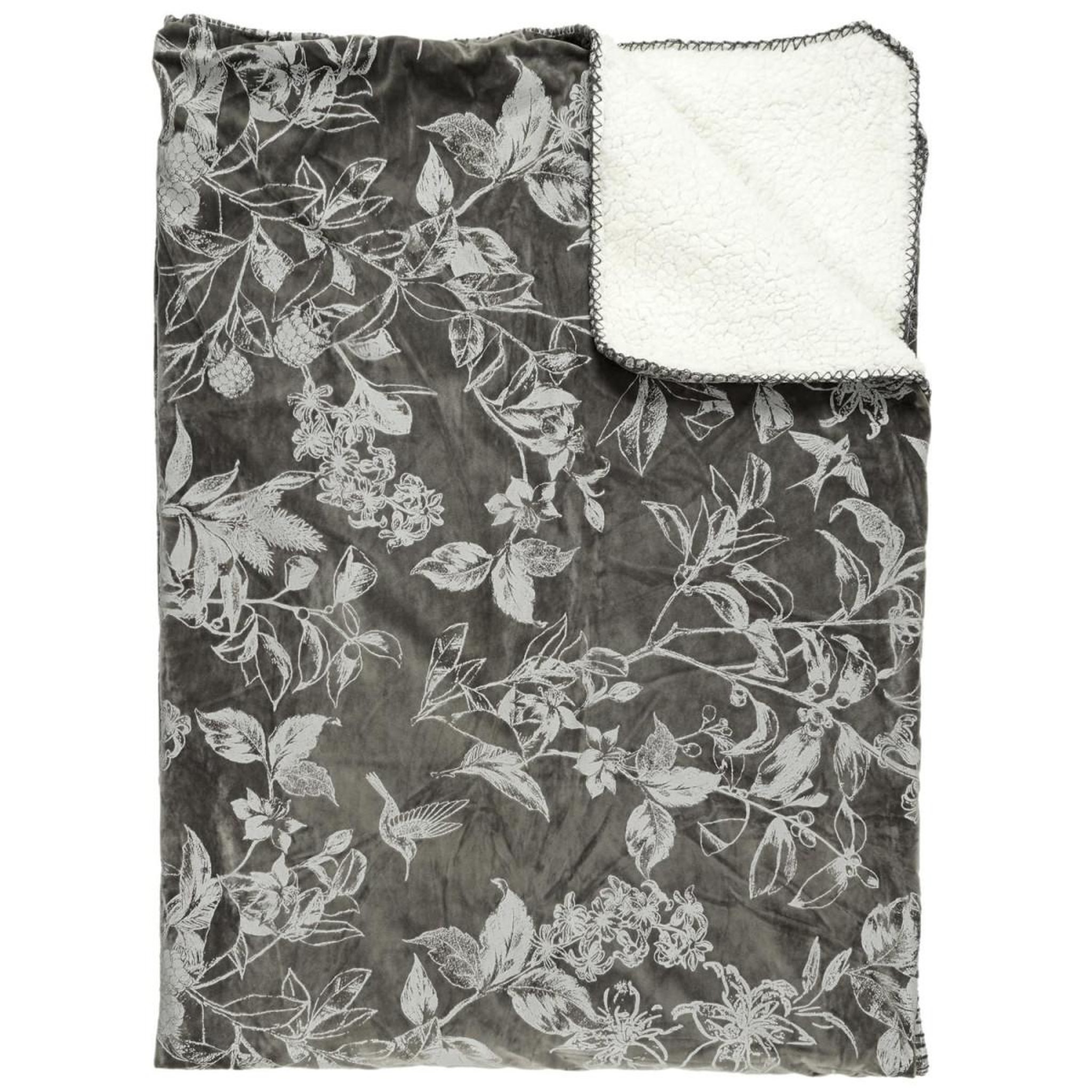 Voir la diapositive 2 : The Home Deco Factory Plaid velours imprimé  végétal  120x150cm gris