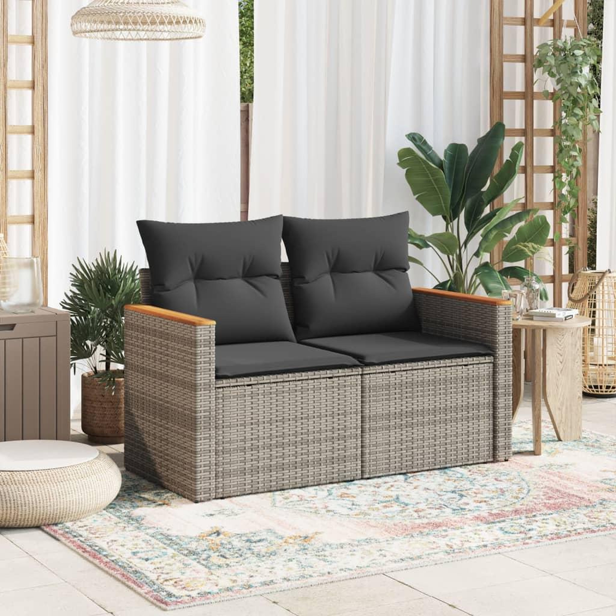 Voir la diapositive 3 : VIDAXL Canape de jardin 2 places avec coussins gris resine tressee