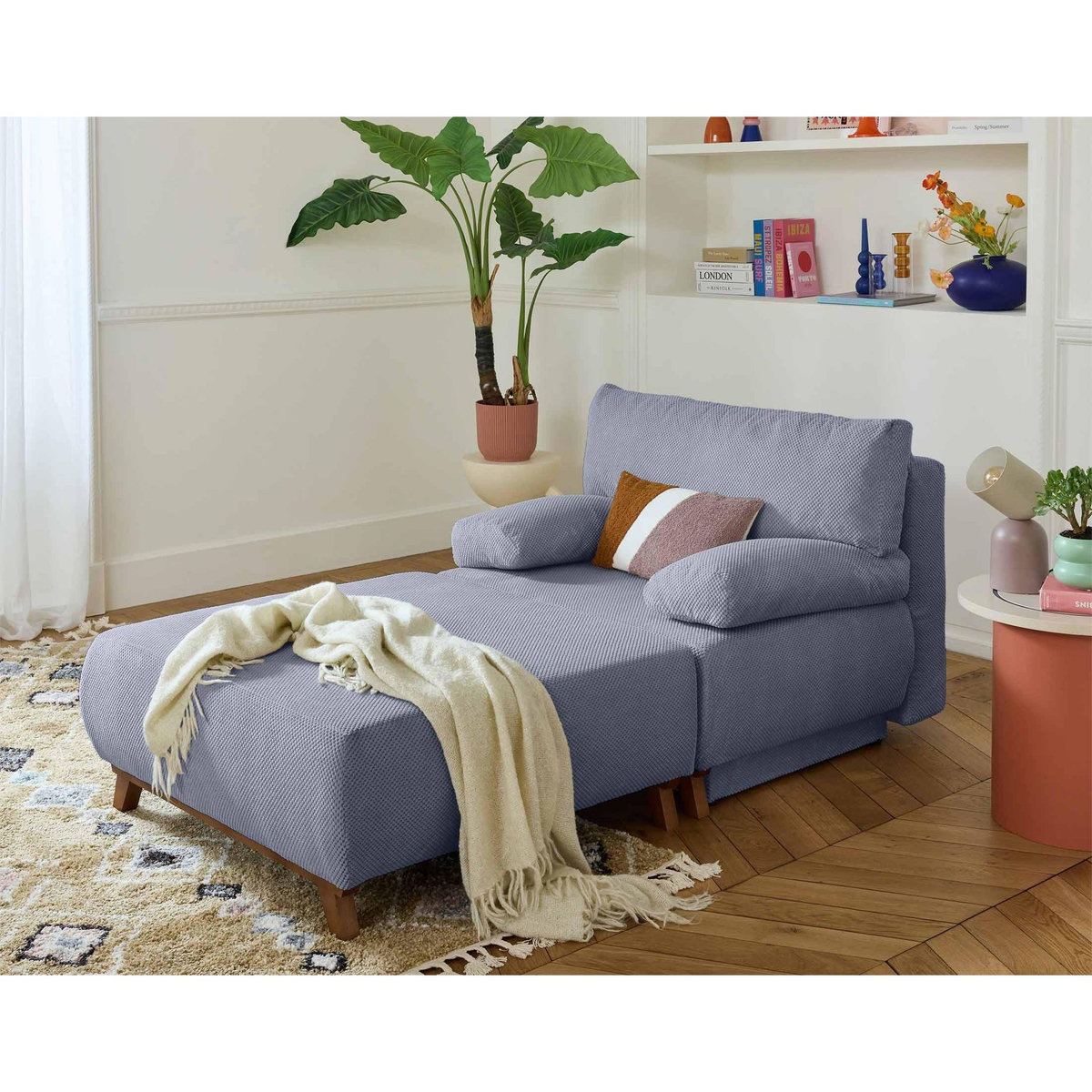 BEST MOBILIER Cristal - fauteuil - convertible avec coffre et grand pouf - en velours texturé
