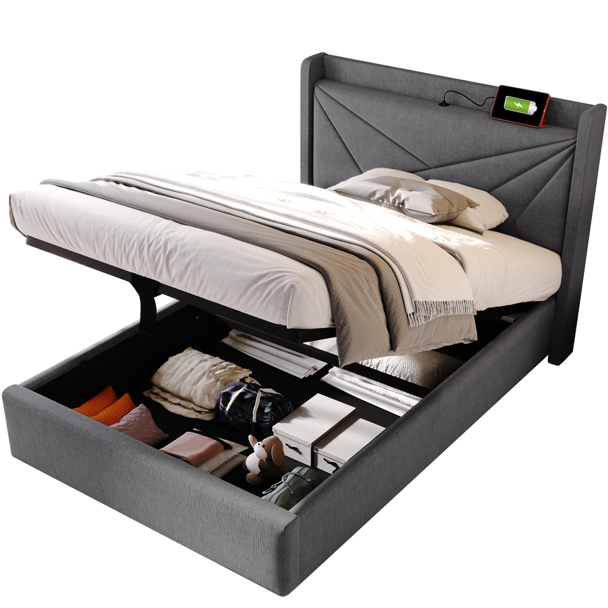 Voir la diapositive 1 : MERAX Lit coffre avec sommier et USB Lin