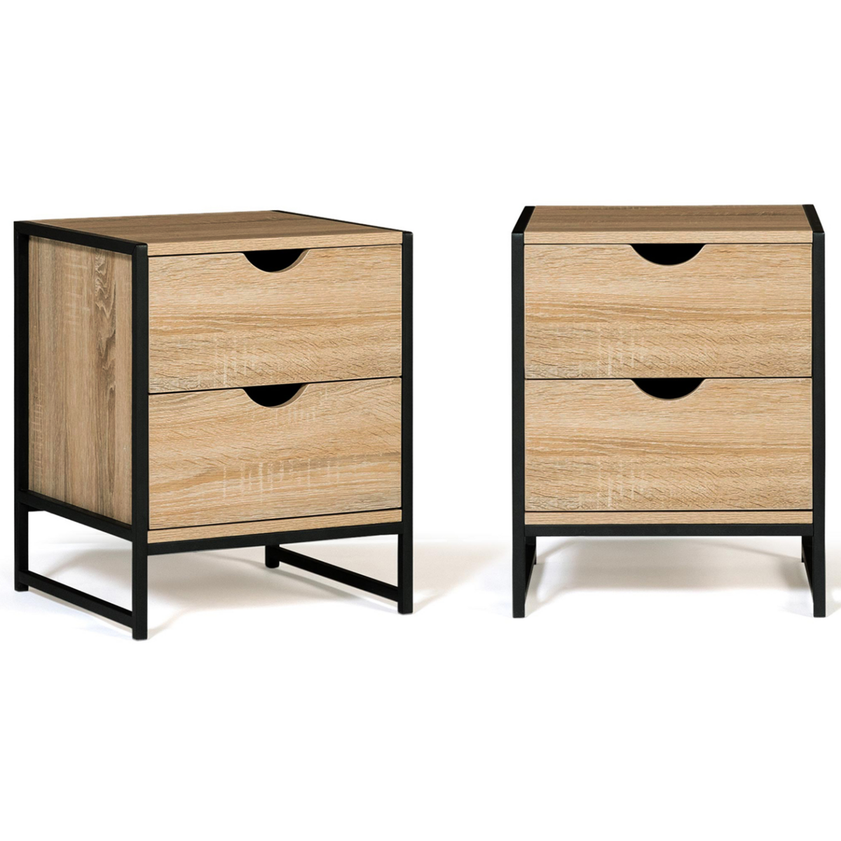 ID MARKET Lot de 2 tables de chevet DETROIT 2 tiroirs bois et métal noir design industriel
