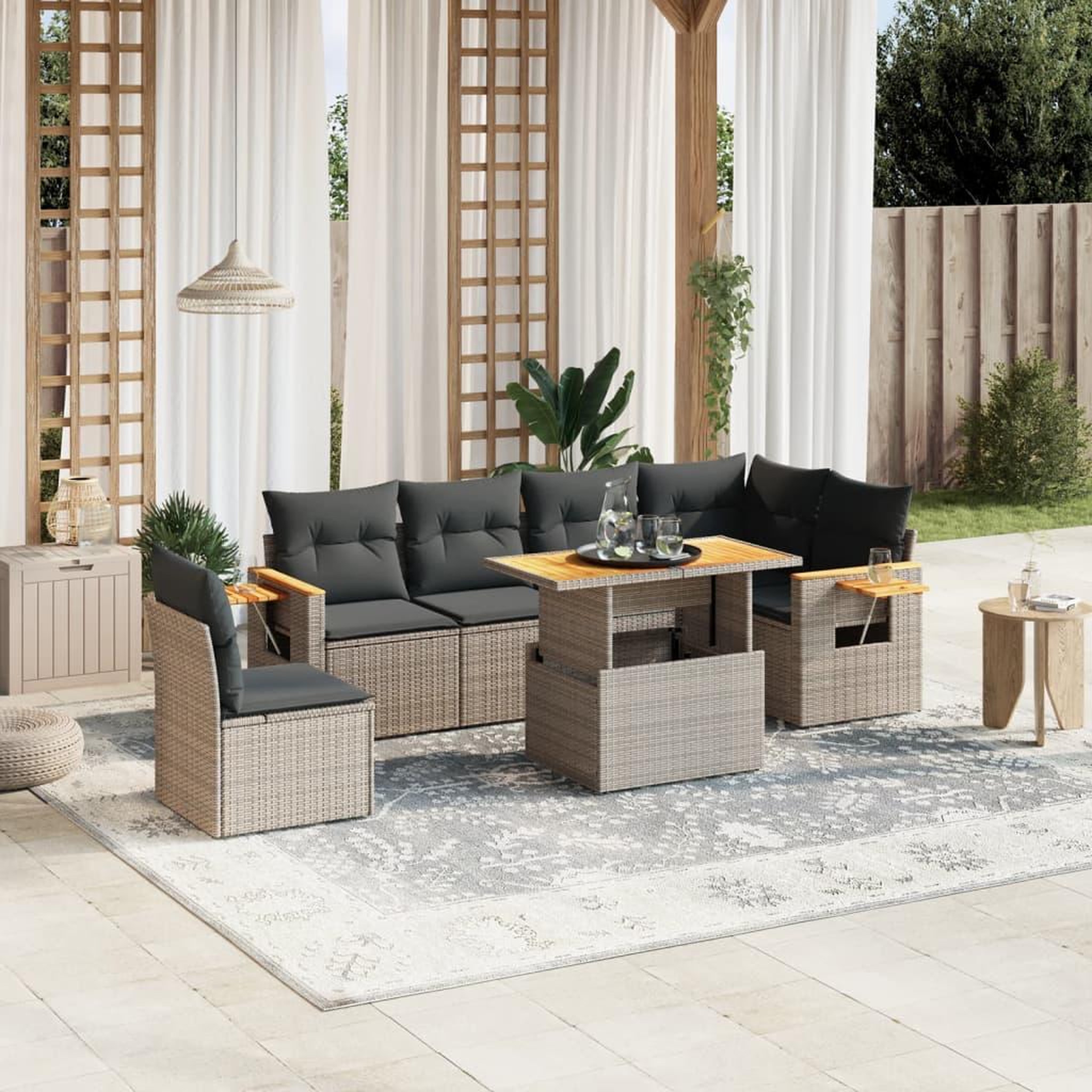 VIDAXL Salon de jardin avec coussins 7 pcs gris resine tressee