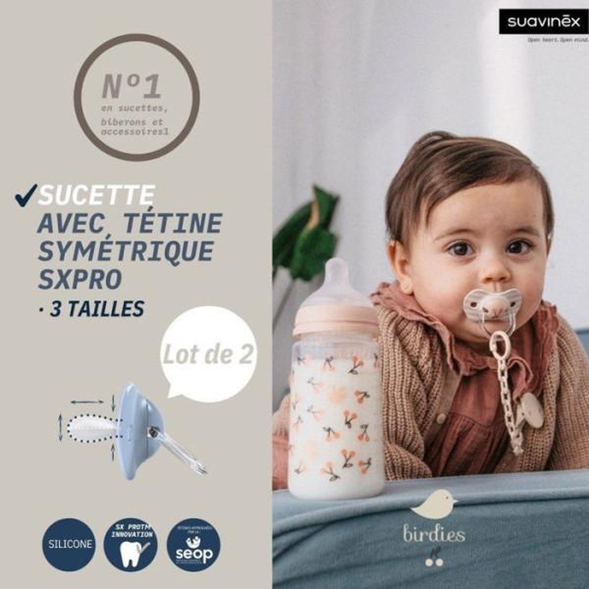 Voir la diapositive 6 : Suavinex Lot de 2 sucettes symétriques - SUAVINEX - Birdies - SX Pro - 18 mois et plus - Beige