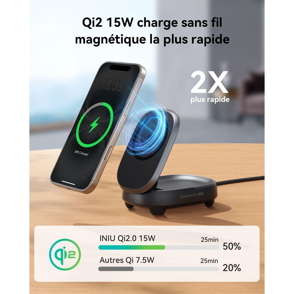 INIU Station de charge 15W Stand MagPro pliable USB-C /Qi2 Noir