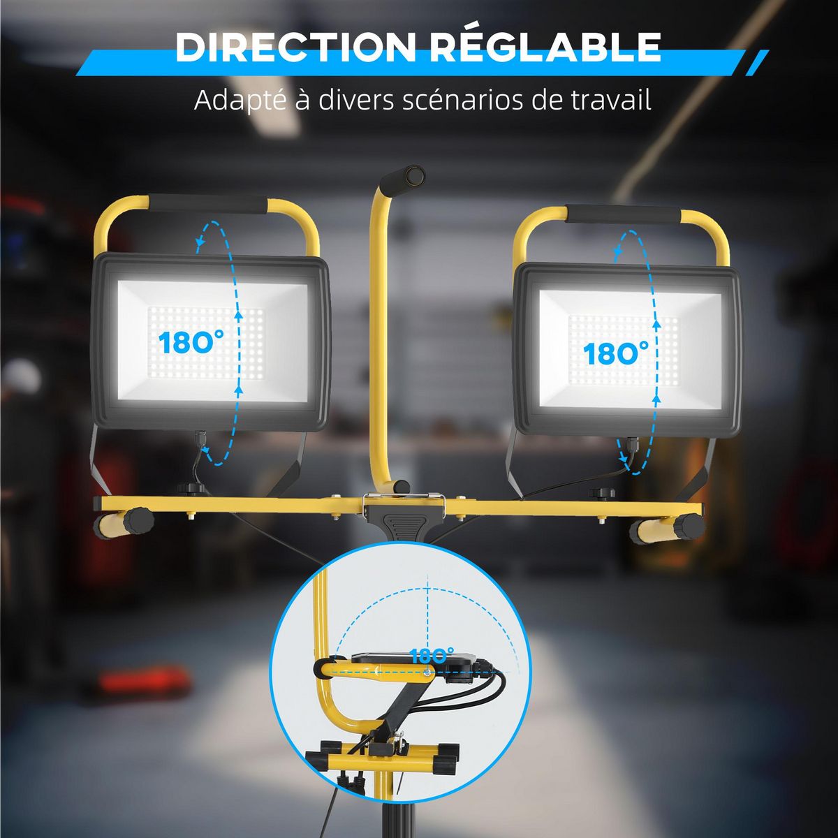 HOMCOM Projecteur de chantier sur trépied réglable orientable - 2 x 100W - 17000LM - étanche IP65 - métal jaune
