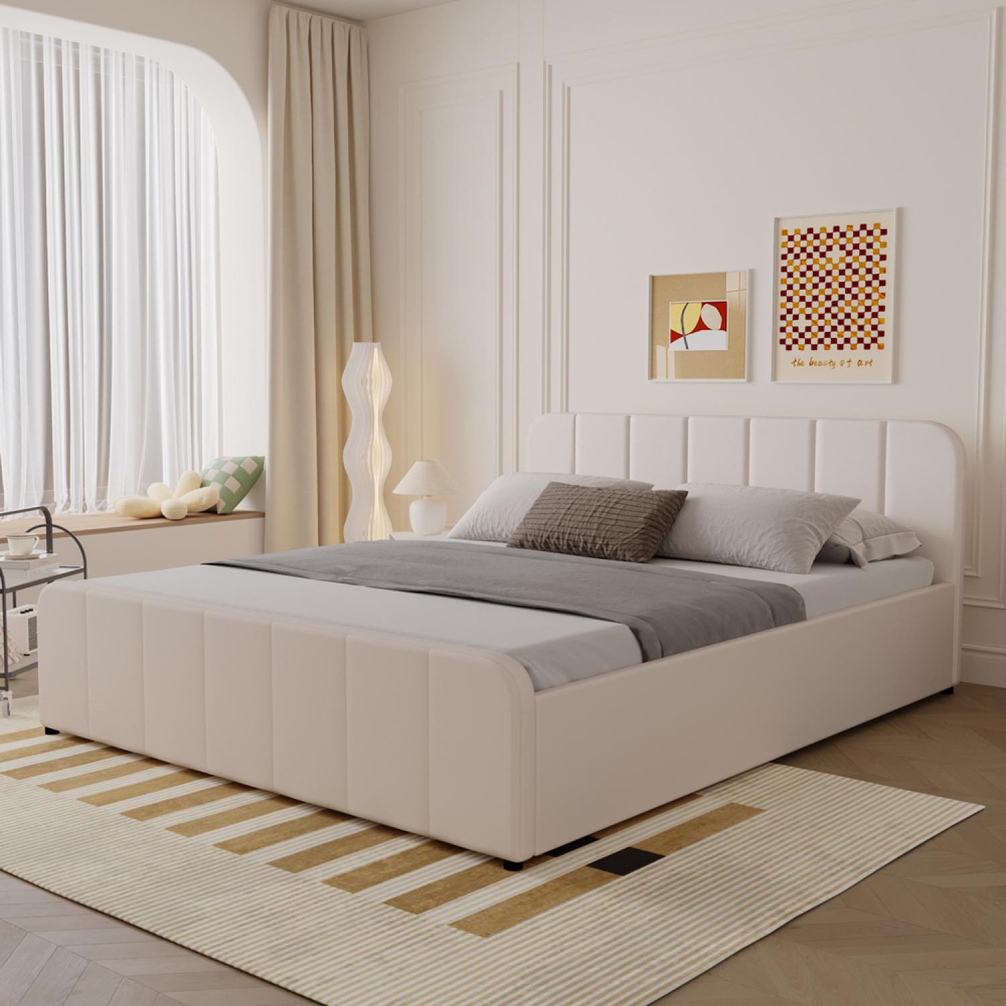 Voir la diapositive 4 : CONCEPT USINE Lit coffre 160x200cm en velours beige tampa